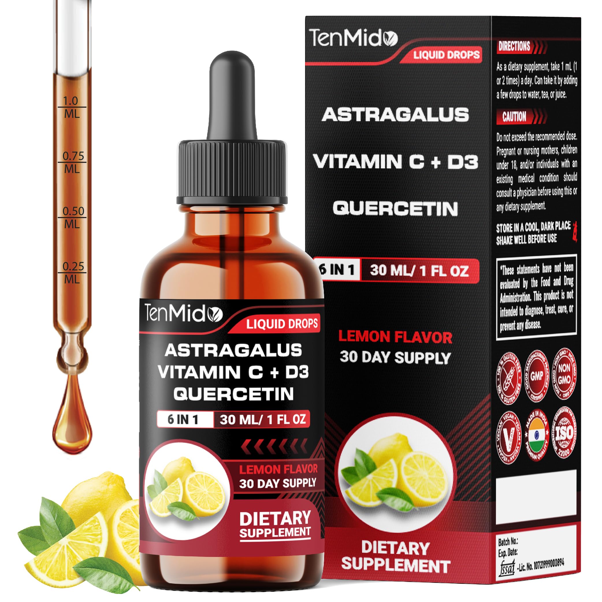 Tenmido 6-in-1 Astragalus Root Tincture - Herbal Extract Supplements with Quercetin, Rhodiola Rosea, Vitamin D3, Vitamin C, and Zinc - Vegan, Non-GMO - 30ml 1 Fl Oz Tenmido Au supplements
