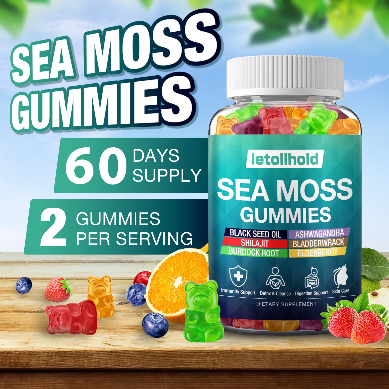 Sea Moss Gummies - Irish Sea Moss Gummies Advanced for Adults with Ashwagandha Bladderwrack & Burdock Root for Supports Immune，Energy - 60 Vegan Gummy,2PCS letollhold Au supplements
