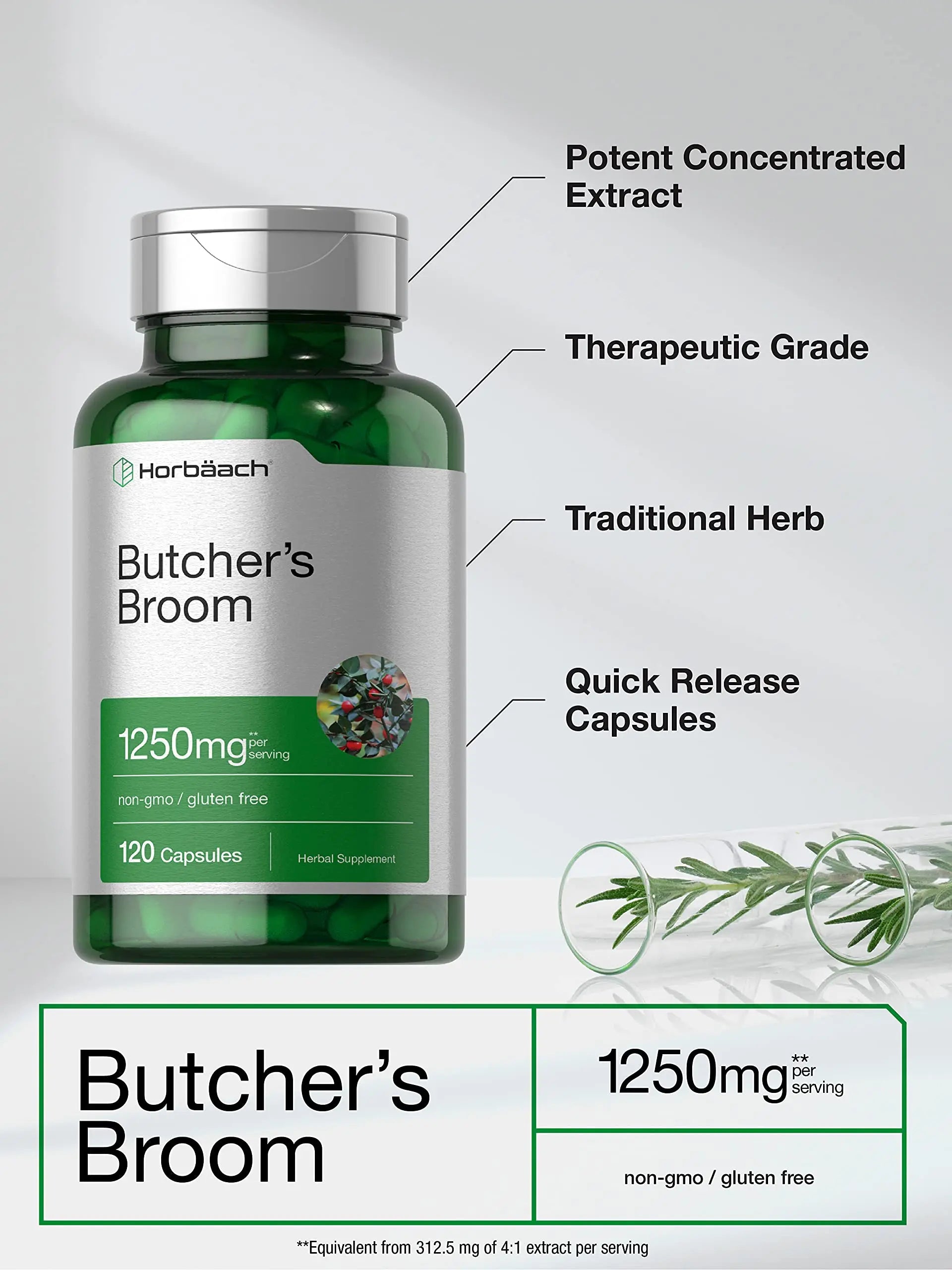 Butchers Broom Capsules 1250mg | 120 Count | Non-GMO, Gluten Free | Traditional Herb Horbäach Au supplements