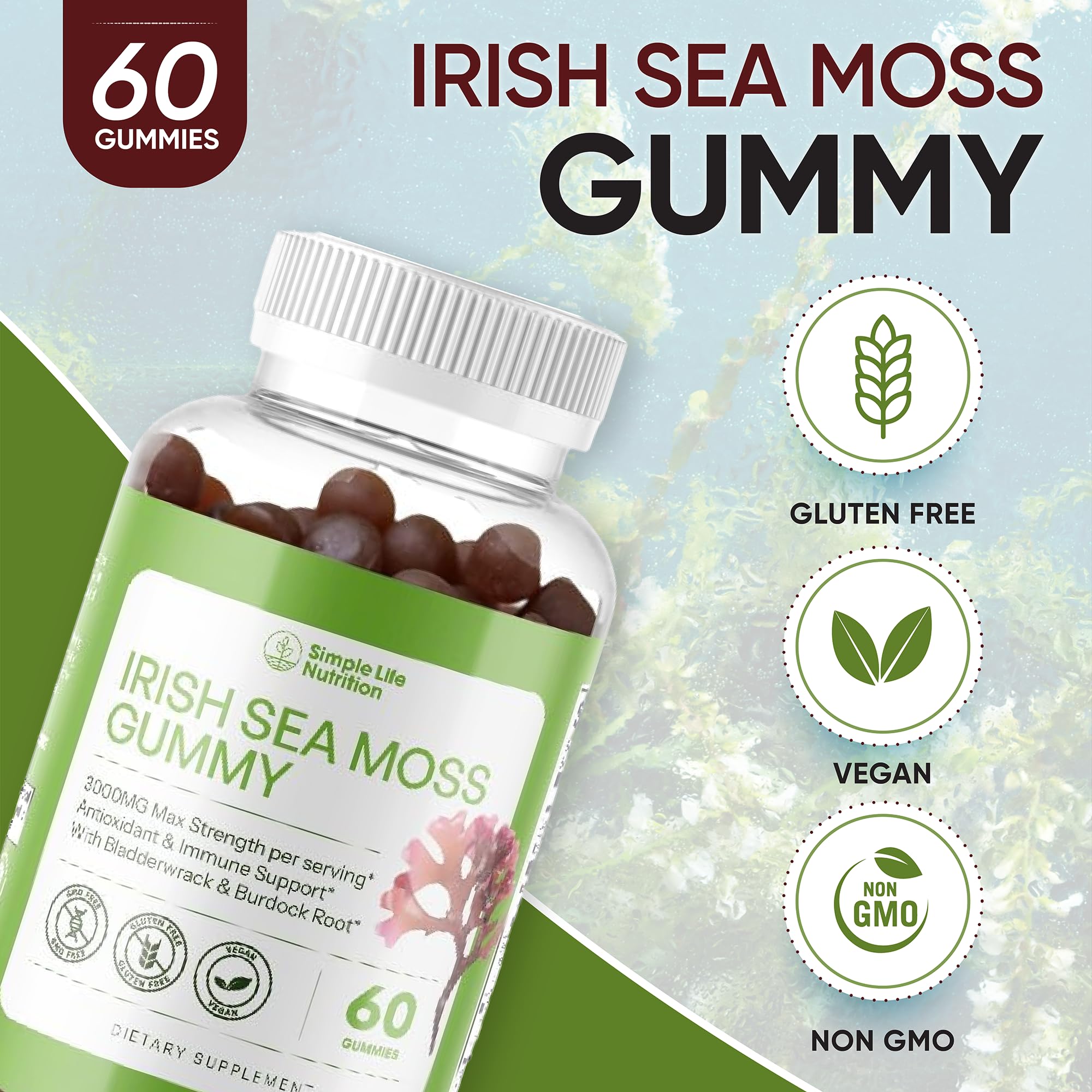 Simple Life Nutrition Organic Irish Sea Moss Gummies - Burdock Root and Bladderwrack Natural Blend - Immune System Gut Cleanse & Thyroid Supplement - Skin and Nail Health - 60CT Simple Life Nutrition Au supplements