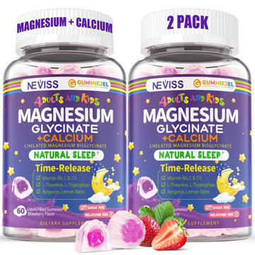 Neviss Magnesium Glycinate + Calcium Filled Gummies for Adults and Kids 4+, Kids Sleep Gummies Melatonin Free, No Sugar Magnesium Supplement w/B6 D3, L-Theanine for Zzz Relax, Brain,Bone,Muscle 2Pack NEVISS Au supplements