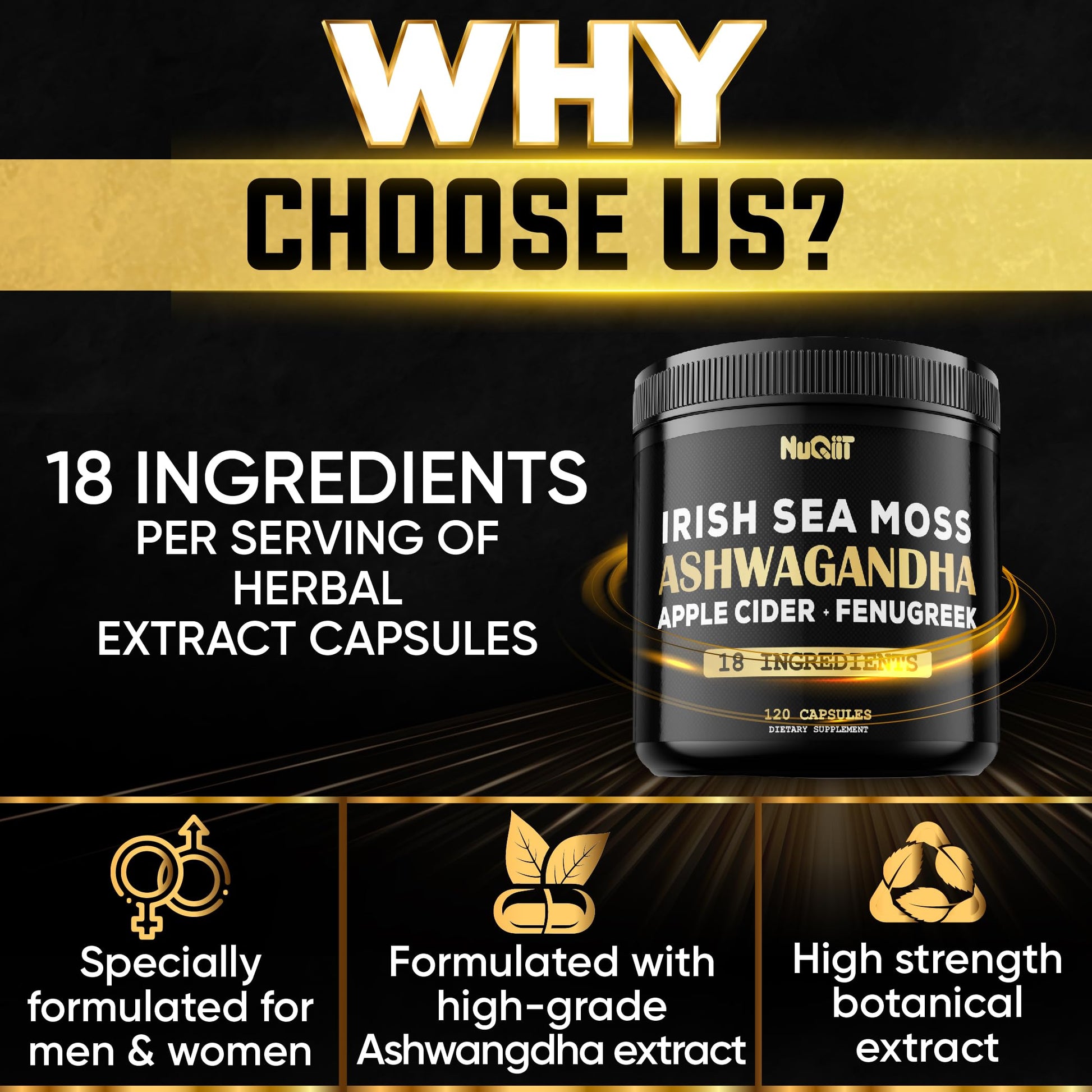 NUQIIT Organic Ashwangdha Capsules 15000mg Irish Sea Moss Apple Cider Vinegar & More - Support Brain Health, Strength & Immune System - 120 Vegan Capsules NUQIIT Au supplements