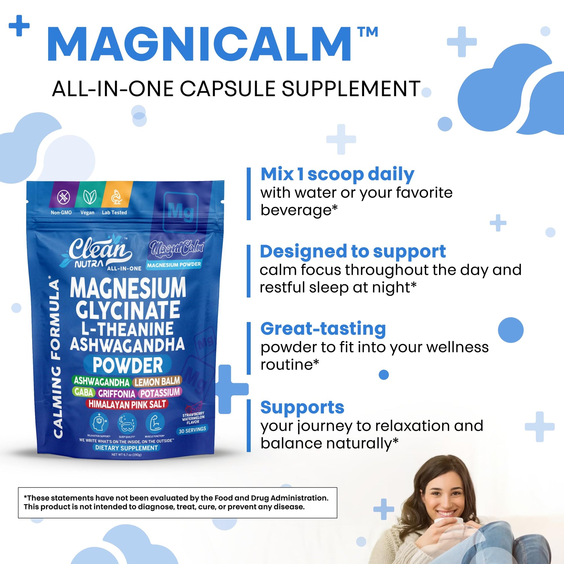Magnesium Glycinate Powder Supplement + L Theanine Ashwagandha Glycine Apigenin Lemon Balm GABA 5HTP Pink Salt Potassium L Tryptophan Calcium | Powdered Sleep Aid Calm Trace Minerals Vitamin Clean Nutraceuticals Au supplements