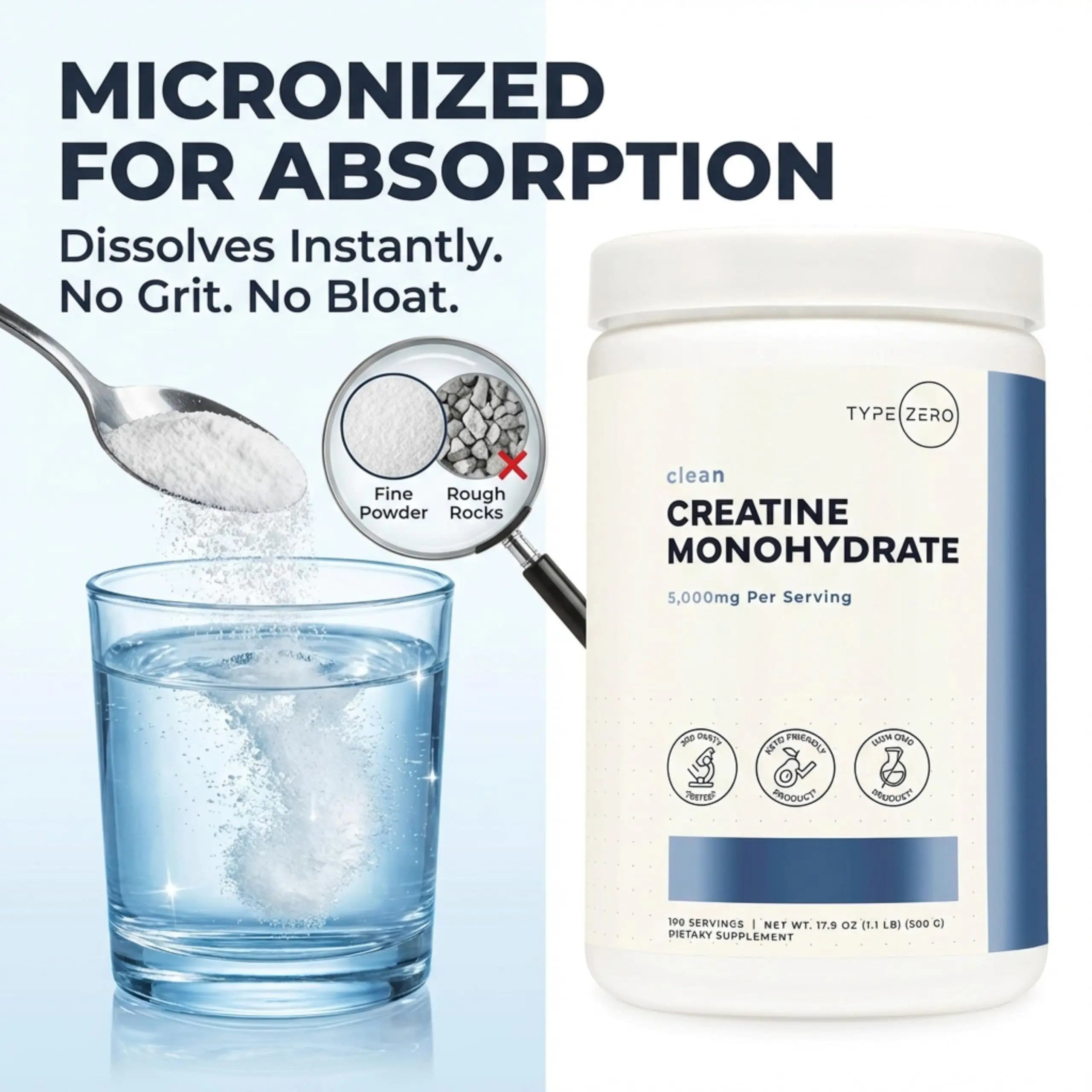 Type Zero Creatine Monohydrate Powder (Unflavored | 500g), 5000 mg Per Serving, Micronized, Zero Sugar, Keto Friendly & Gluten Free, 100 Servings Type Zero Au supplements