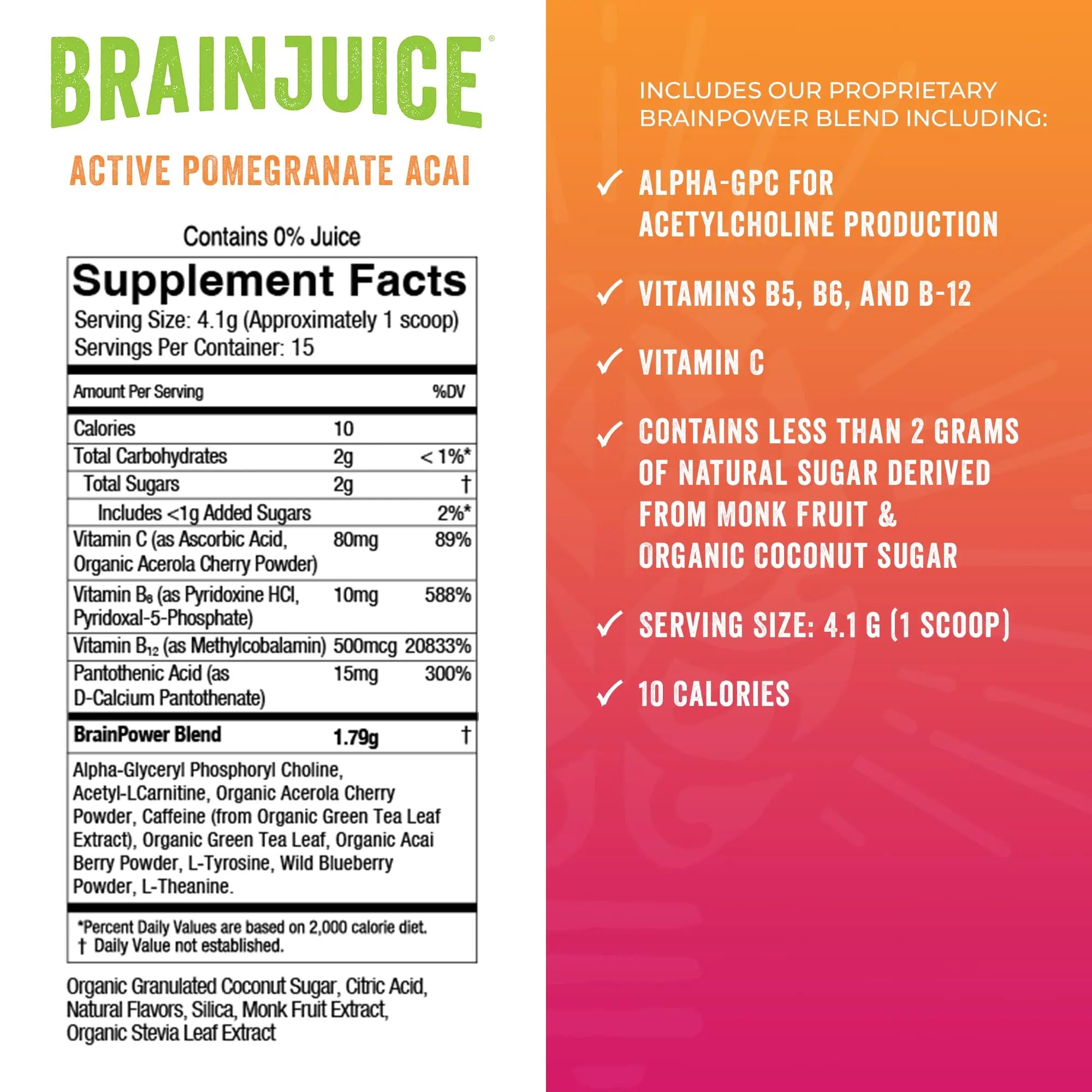 BrainJuice Nootropics Brain Support Supplement, Gluten Free Powder for Energy and Focus, Pre Workout w/Alpha GPC, Vitamin B & Organic Green Tea Extract Caffeine, Active Pomegranate Acai, 15 Servings BrainJuice Au supplements