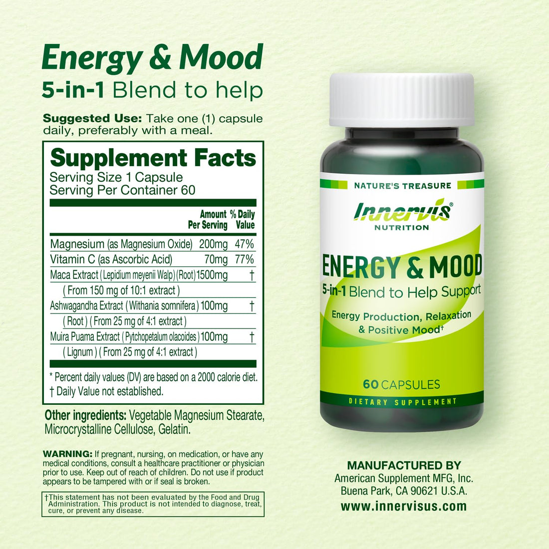 Caffeine Free Natural Energy Boost with Ashwagandha, Maca & Magnesium - Support Stress Relief, Focus & Mood - 60 Capsules by Innervis Nutrition INNERVISNUTRITION Au supplements