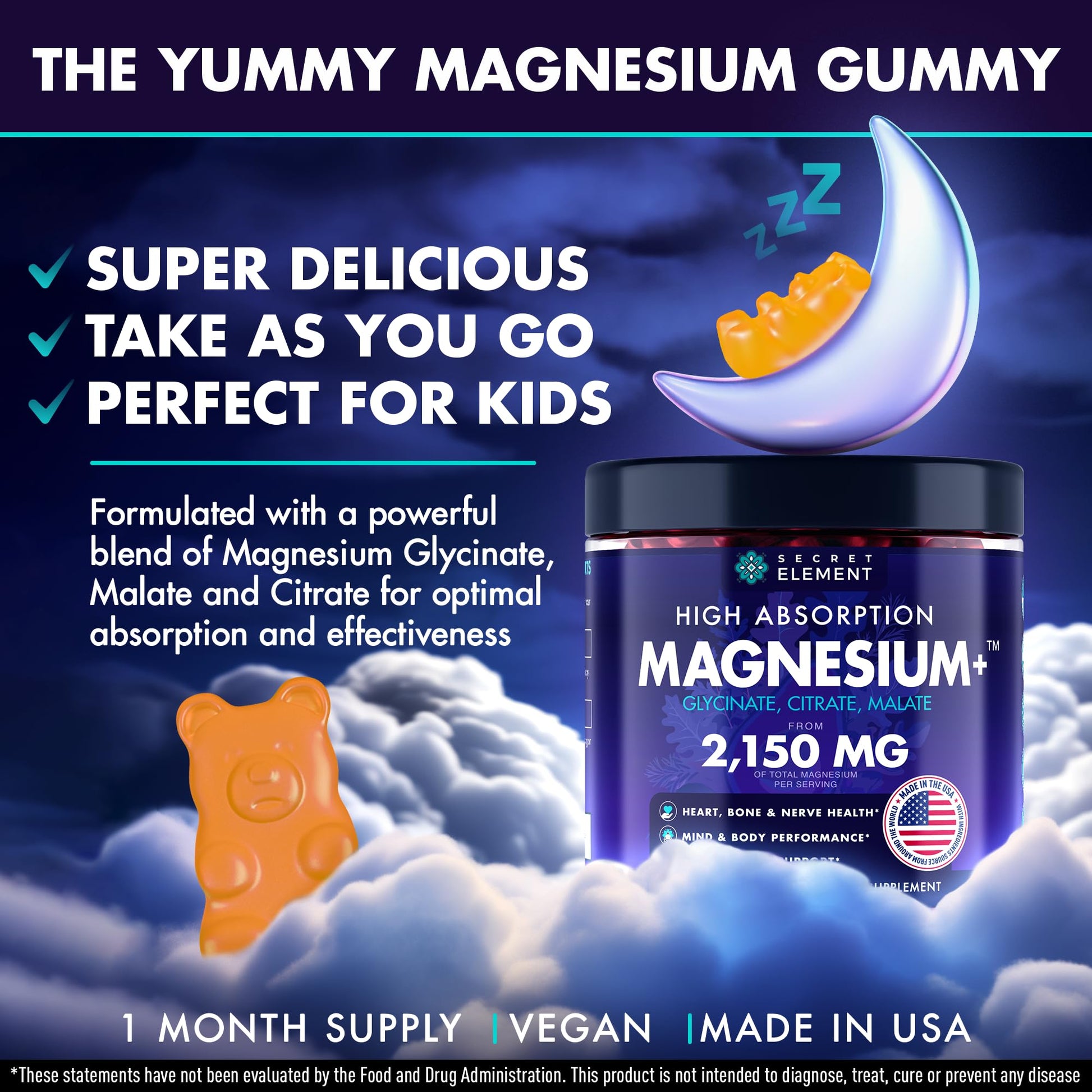 Magnesium Glycinate 2150MG Gummies for Women and Men, High Absorption Magnesium Glycinate, Citrate, Malate, Sugar Free, Vegan, 60 Chews, Pack of 2, Orange Secret Element Au supplements