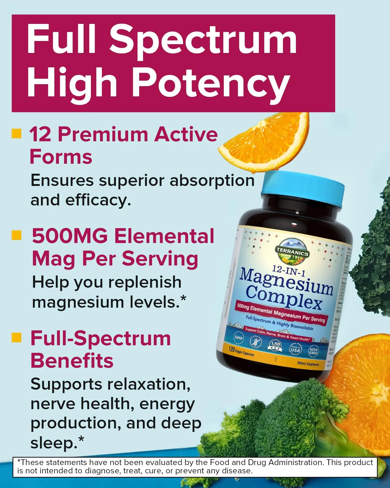 Terranics 12-in-1 Magnesium Complex 500mg, High Absorption Chelated Magnesium Glycinate, Citrate, Malate, Taurate, Orotate & More, for Sleep, Calm, Energy, Heart, Vegan, Non-GMO,120 Capsules Terranics Au supplements