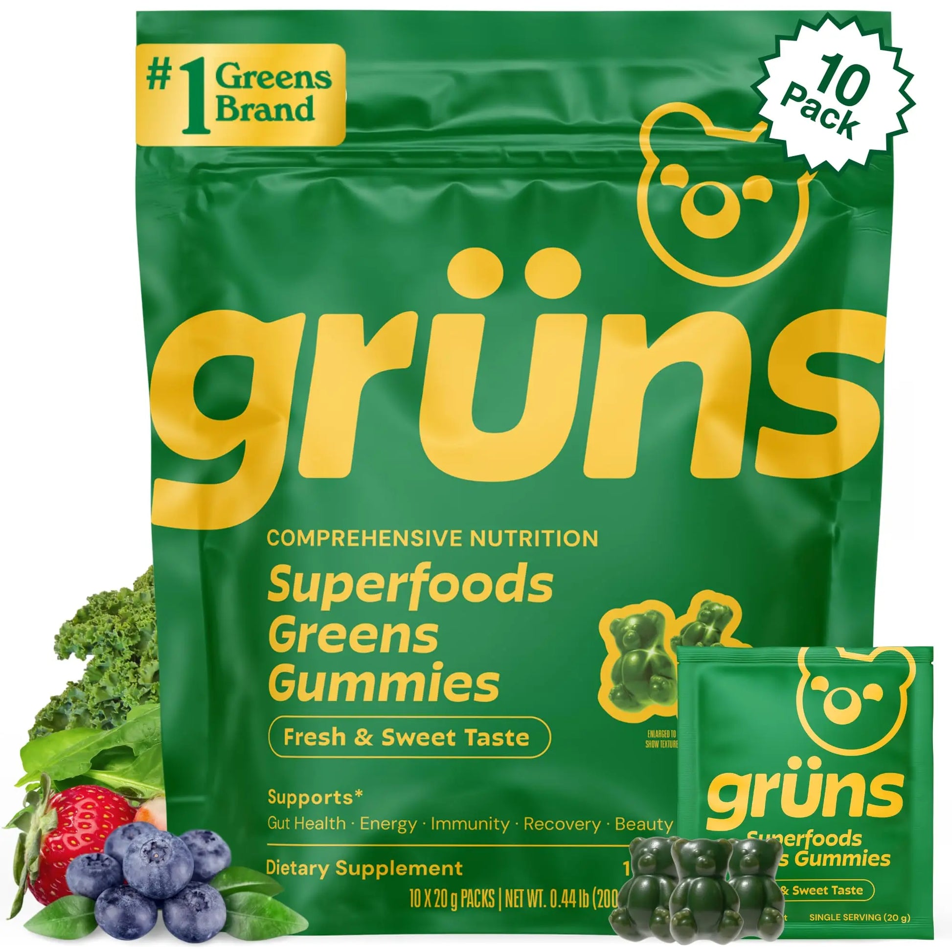 Gruns Adults Super Greens Gummies, Multivitamin Superfood Gummy Bears, Spirulina, Chlorella, Prebiotics & Fiber Gummies for Digestive Health Grüns Au supplements