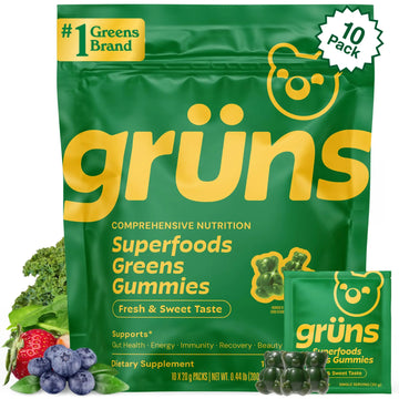 Gruns Adults Super Greens Gummies, Multivitamin Superfood Gummy Bears, Spirulina, Chlorella, Prebiotics & Fiber Gummies for Digestive Health Grüns Au supplements