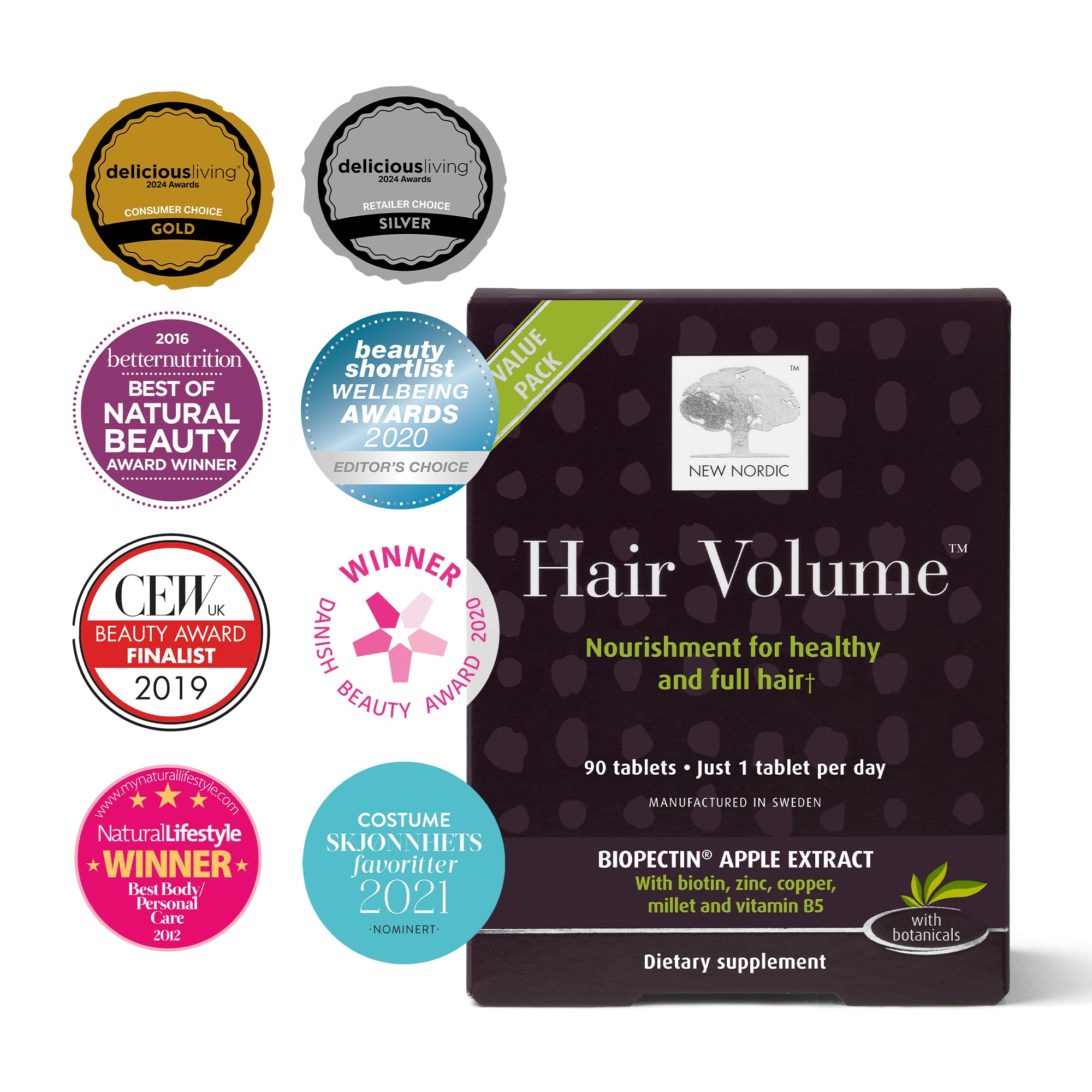 NEW NORDIC Hair Volume Tablets, 3000 mcg Biotin & Biopectin Apple Extract, Hair Vitamins to Support Natural Hair Growth, 90 Count (Pack of 1) NEW NORDIC Au supplements