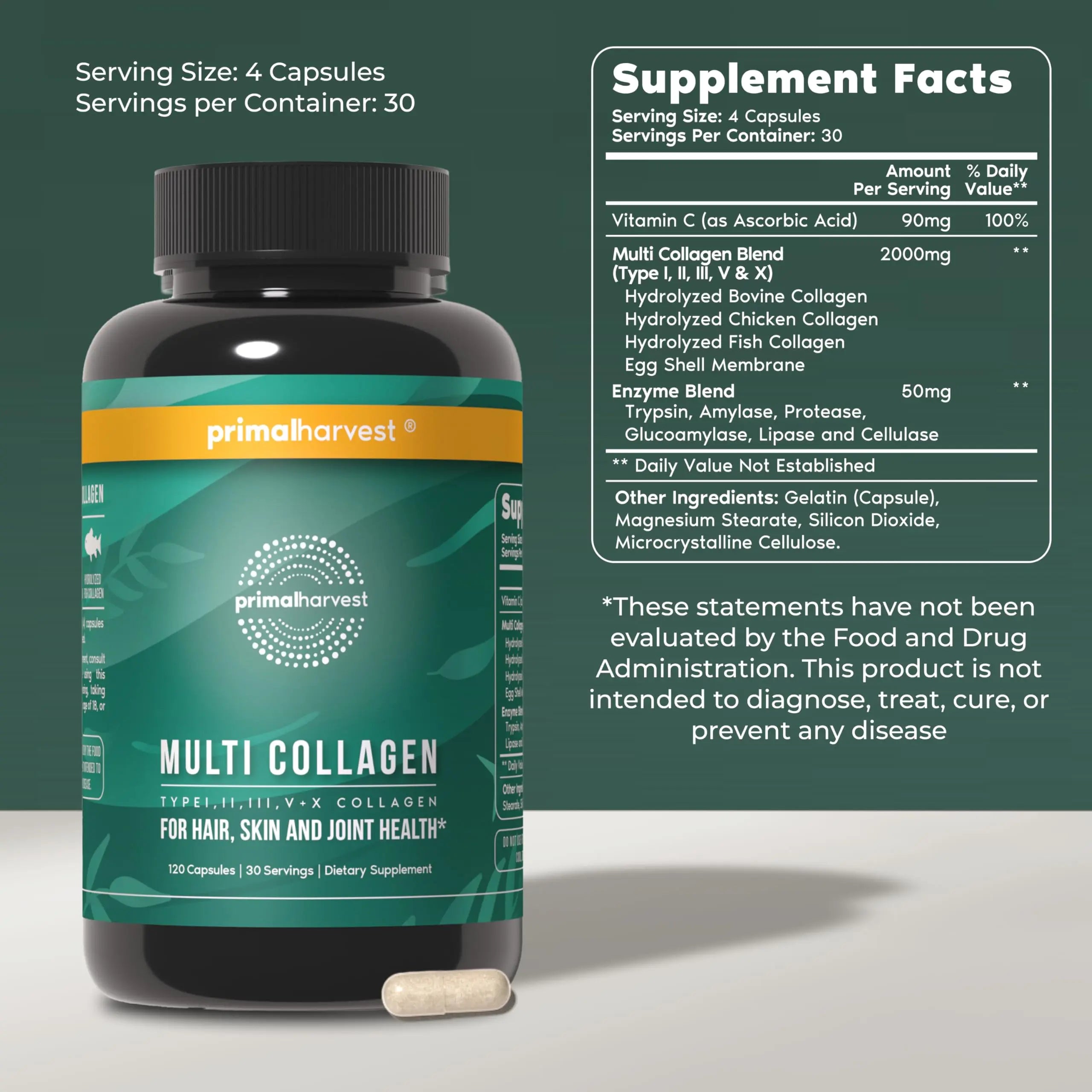 Primal Harvest Multi Collagen Pills for Women and Men (Type I, II, III, V, X) 120 Capsules w/Vitamin C for Hair, Skin, Nails Primal Harvest Au supplements