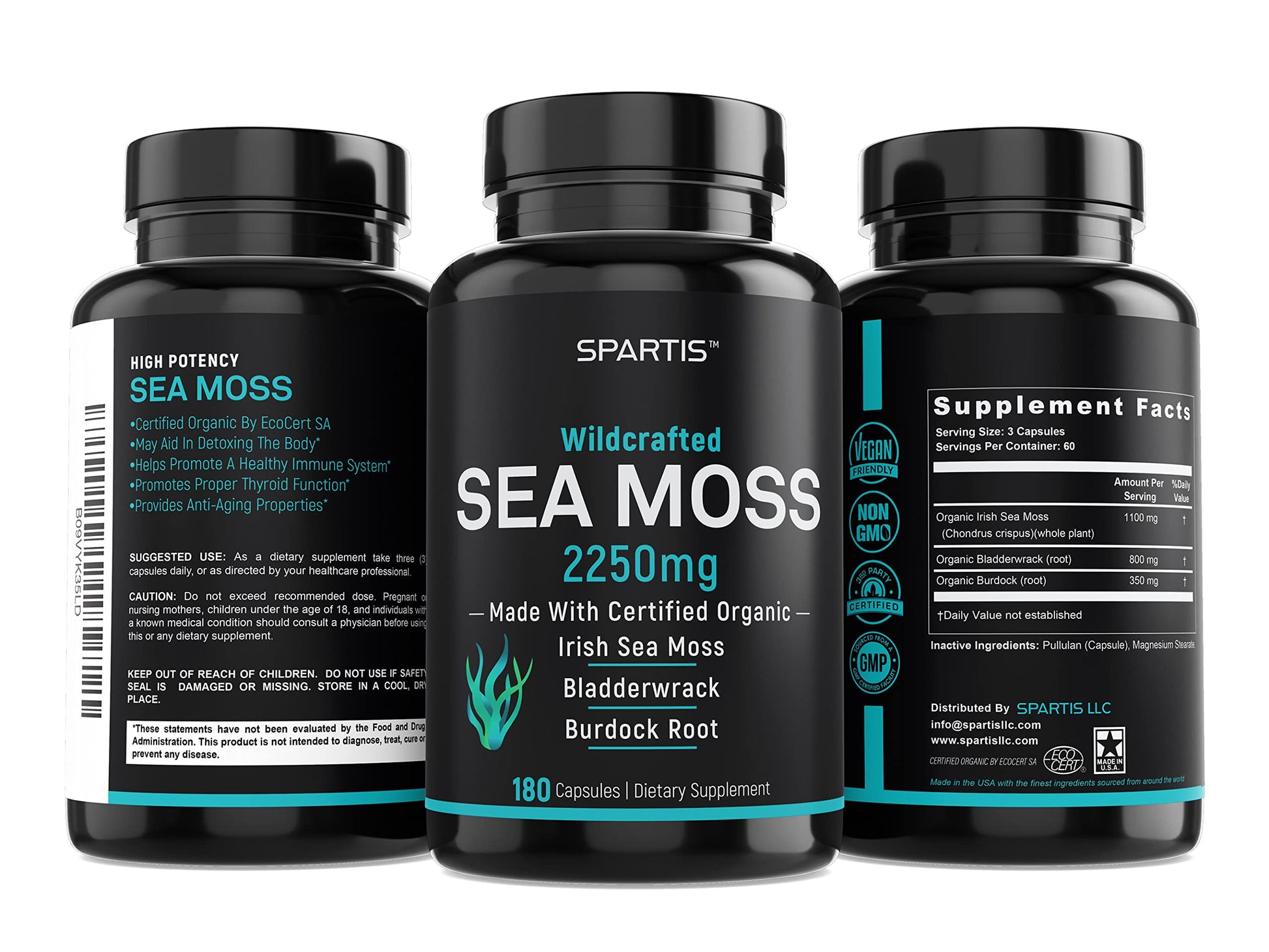 SPARTIS Certified Organic Sea Moss Capsules 2250mg Wildcrafted Irish Sea Moss Burdock Root Bladderwrack Supplement Raw Seamoss Pills & Powder (Pack of 1 at 180-Caps) SPARTIS Au supplements