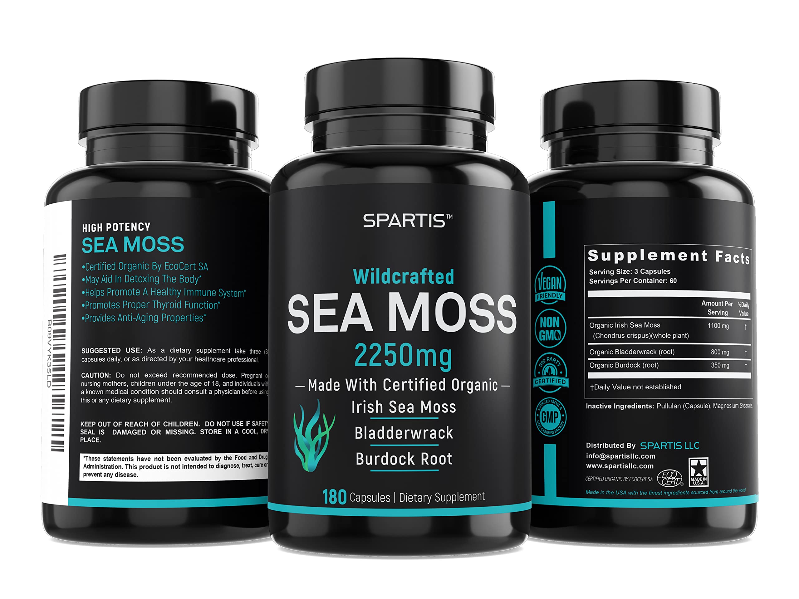 SPARTIS Certified Organic Sea Moss Capsules 2250mg Wildcrafted Irish Sea Moss Burdock Root Bladderwrack Supplement Raw Seamoss Pills & Powder (Pack of 1 at 180-Caps) SPARTIS Au supplements