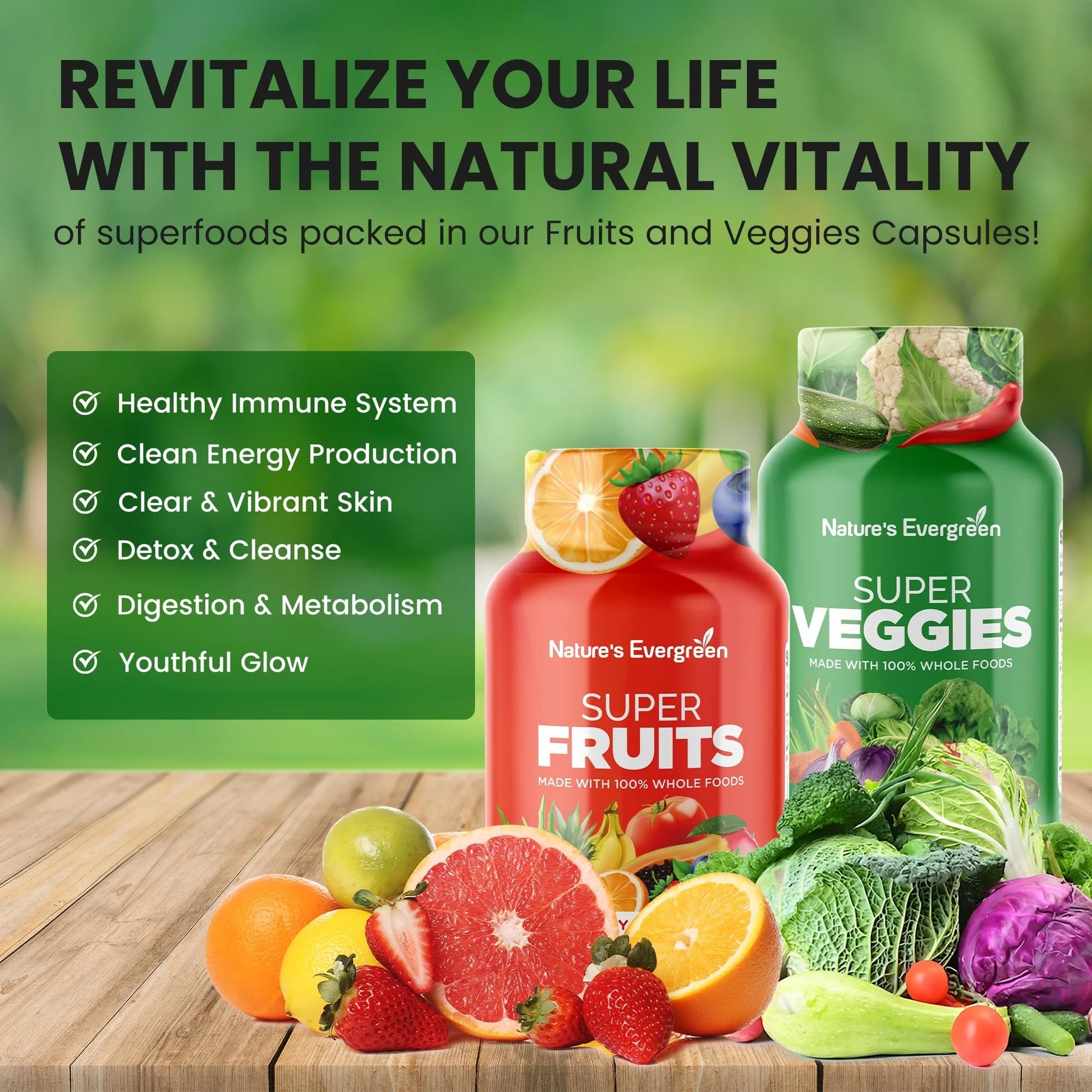 Fruits and Veggies Supplement - Nature Fruits and Vegetables Supplements - Vegan, Non GMO, Soy Free, Superfood Vitamins & Minerals Nutritional Balance - (Total 180 Capsules - Pack of 2) Made in USA Nature's Evergreen Au supplements