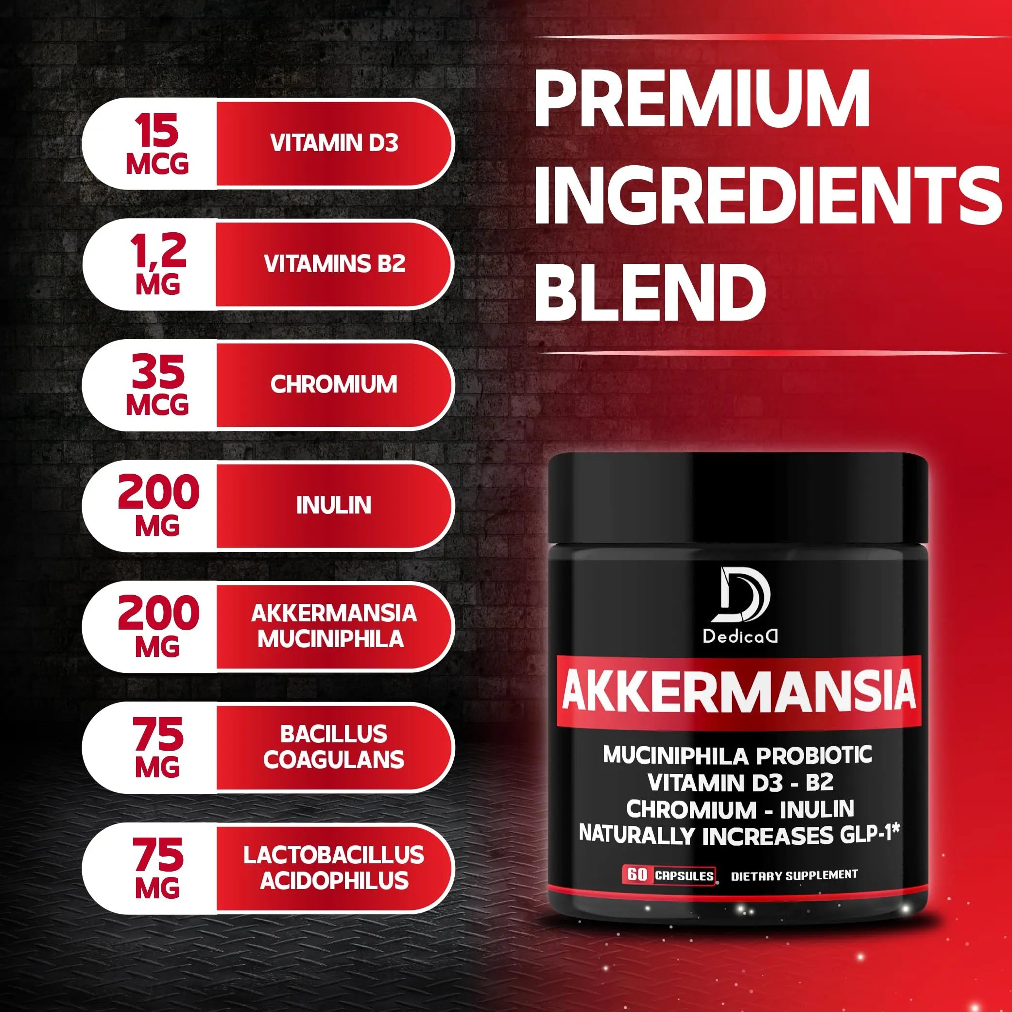 DEDICAD Akkermansia Probiotic for Increases GLP-1 - Contains Inulin, Bacillus Coagulans, Lactobacillus Acidophilus & Chromium - 60 Days Supply - 60 Capsules DEDICAD Au supplements