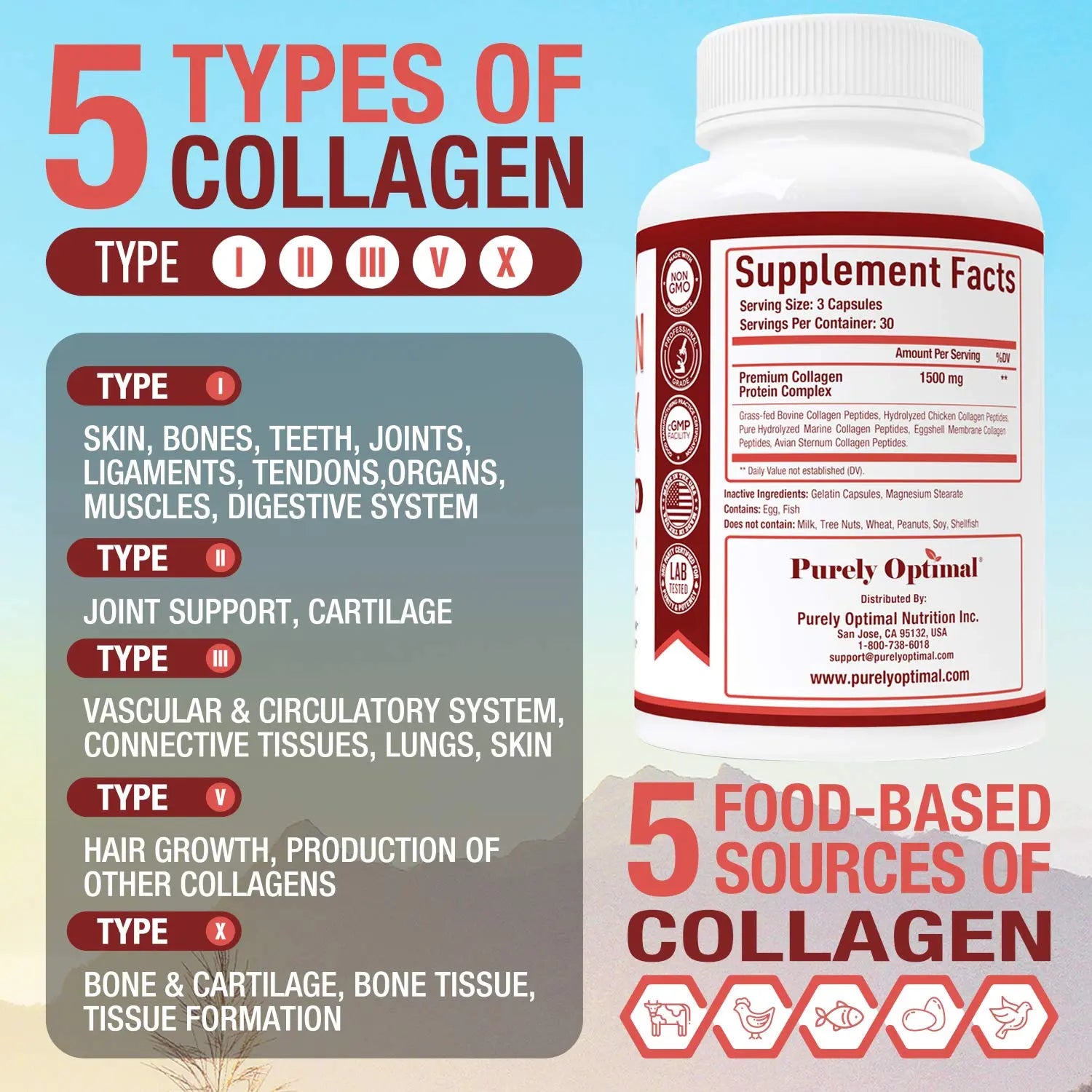 Purely Optimal Premium Multi Collagen Peptides Capsules (Types I, II, III, V, X) - Hair Purely Optimal Au supplements