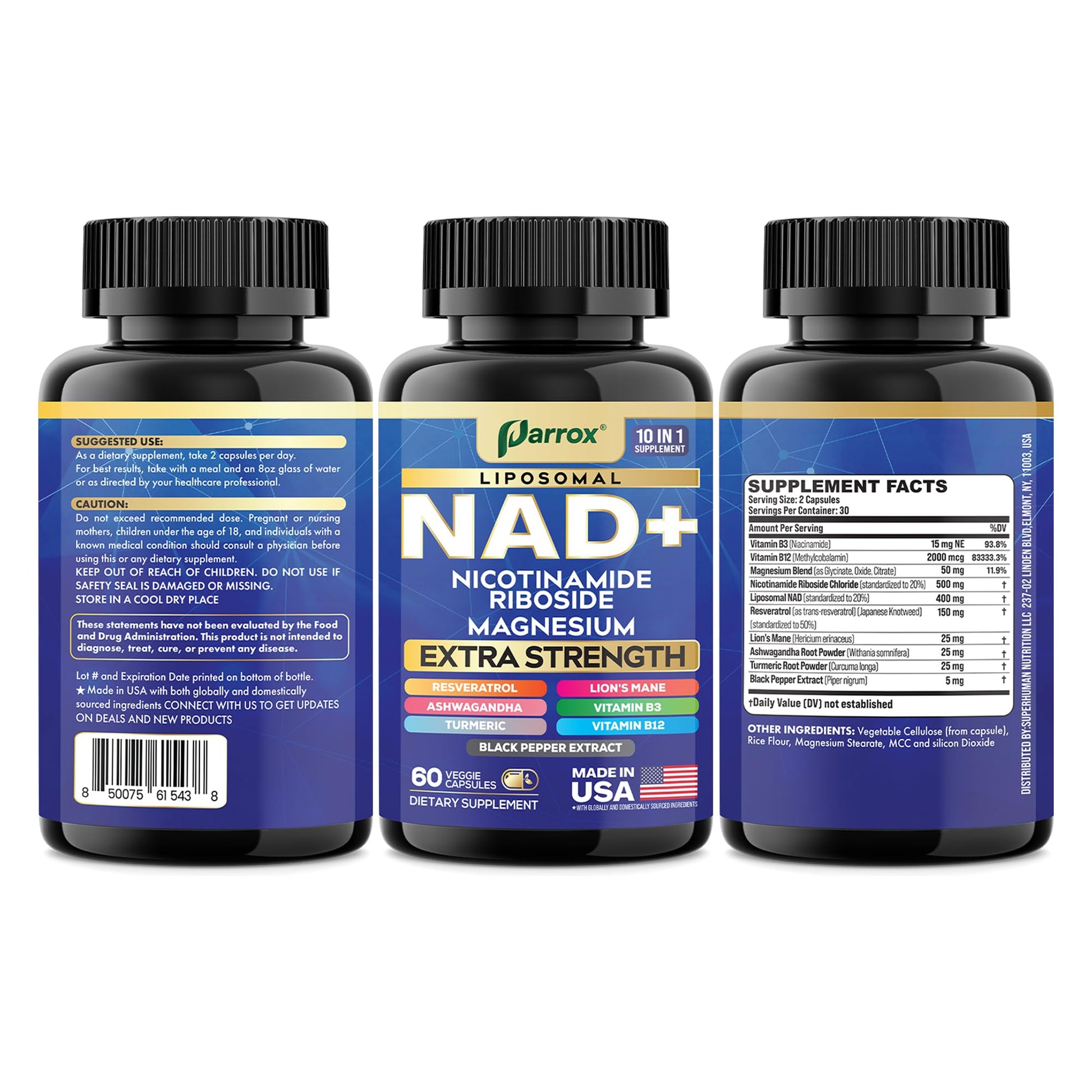 Parrox NAD+ Supplement with Liposomal NAD+, Nicotinamide Riboside, Magnesium, Vitamin B3 & B12, Resveratrol, Turmeric, Ashwagandha, Lion’s Mane,10-in-1 Extra Strength (2 Pack) Parrox Au supplements