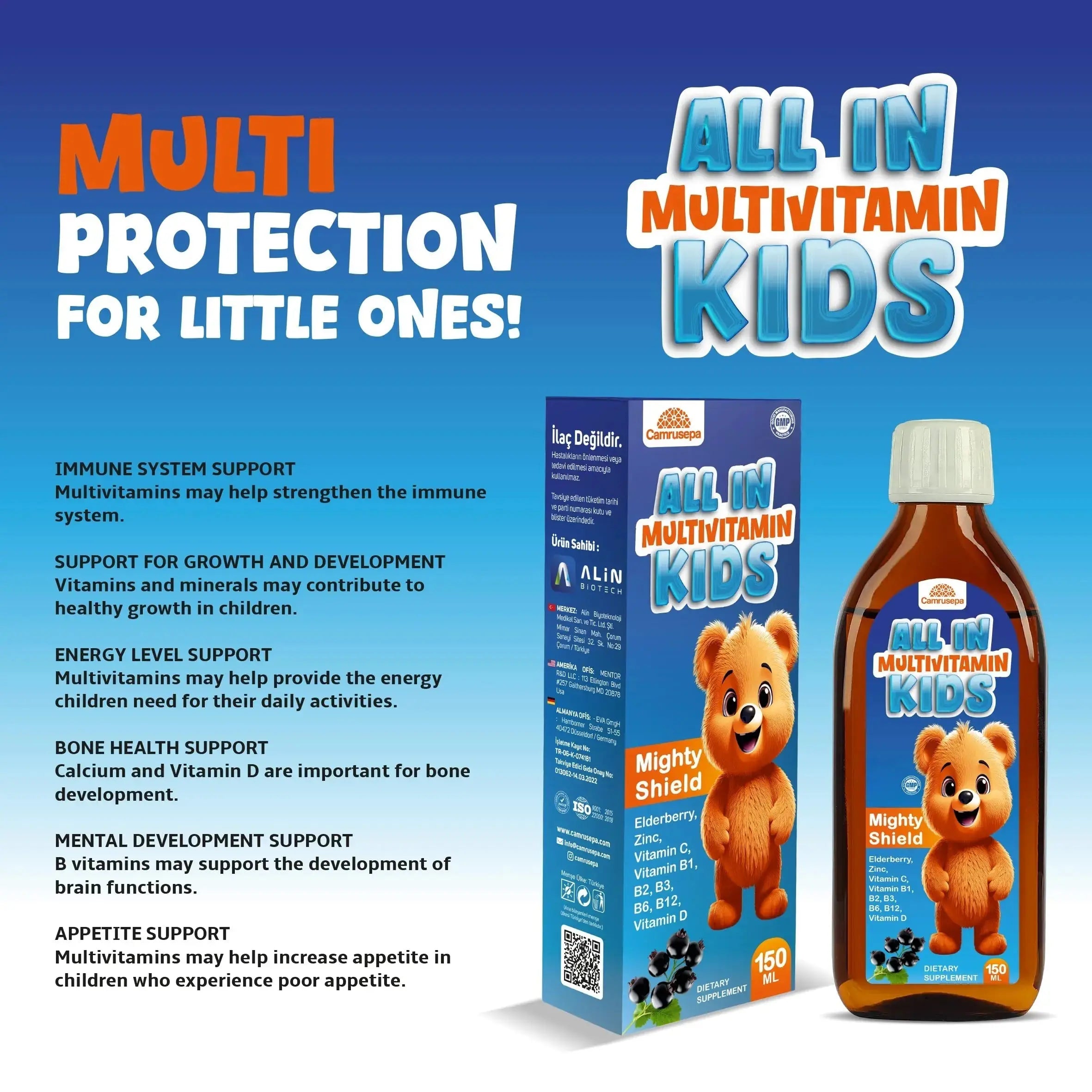 CAMRUSEPA All in Multivitamin Kids Syrup – Black Elderberry Flavored, Inositol, Zinc, Vitamin C, Daily Liquid Multivitamin Camrusepa Au supplements