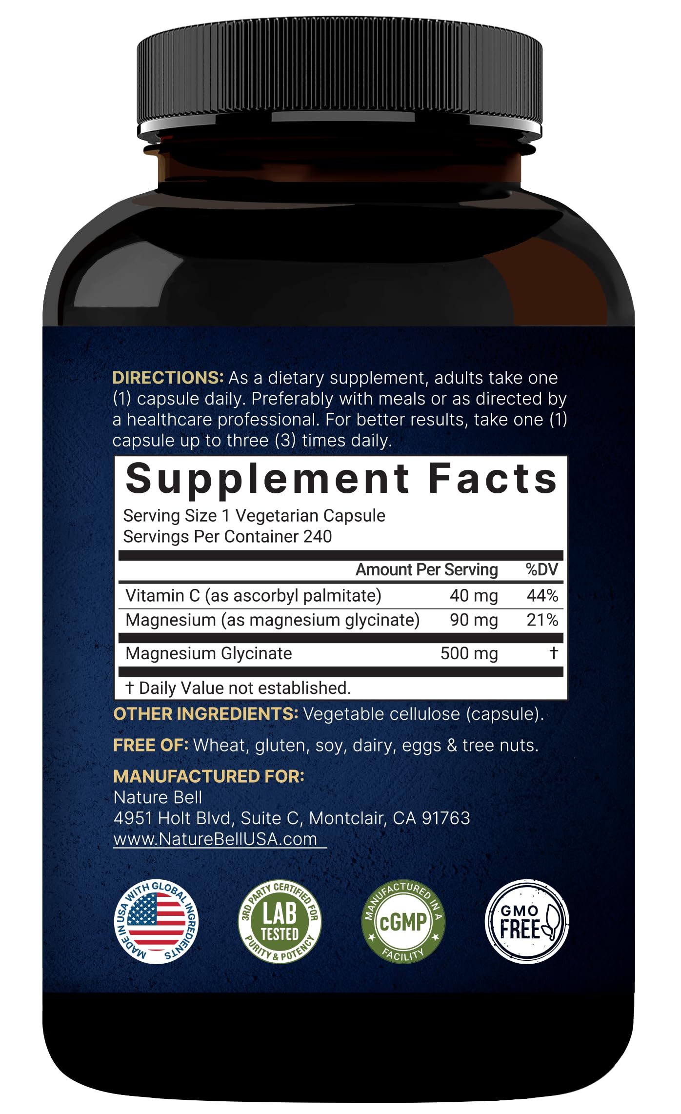 Naturebell Pure Magnesium Glycinate 500mg, 240 Veggie Capsules | 100% Chelated & Purified – 3rd Party Tested, Vegan Friendly, Non-GMO, Fiiler Free NatureBell Au supplements
