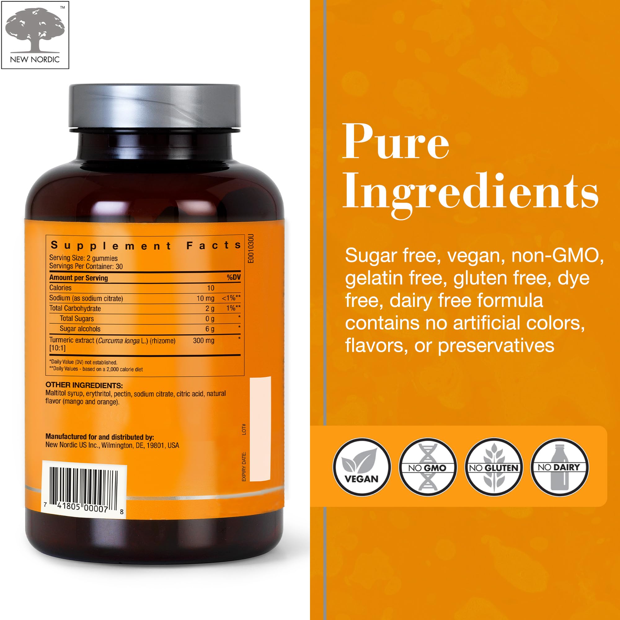 NEW NORDIC Turmeric Curcumin Gummies, Sugar Free, 300 mg Turmeric Supplement for Men and Women, Supports Normally Functioning Joints, Knees, Shoulders, Mango Orange, 60 Count NEW NORDIC Au supplements
