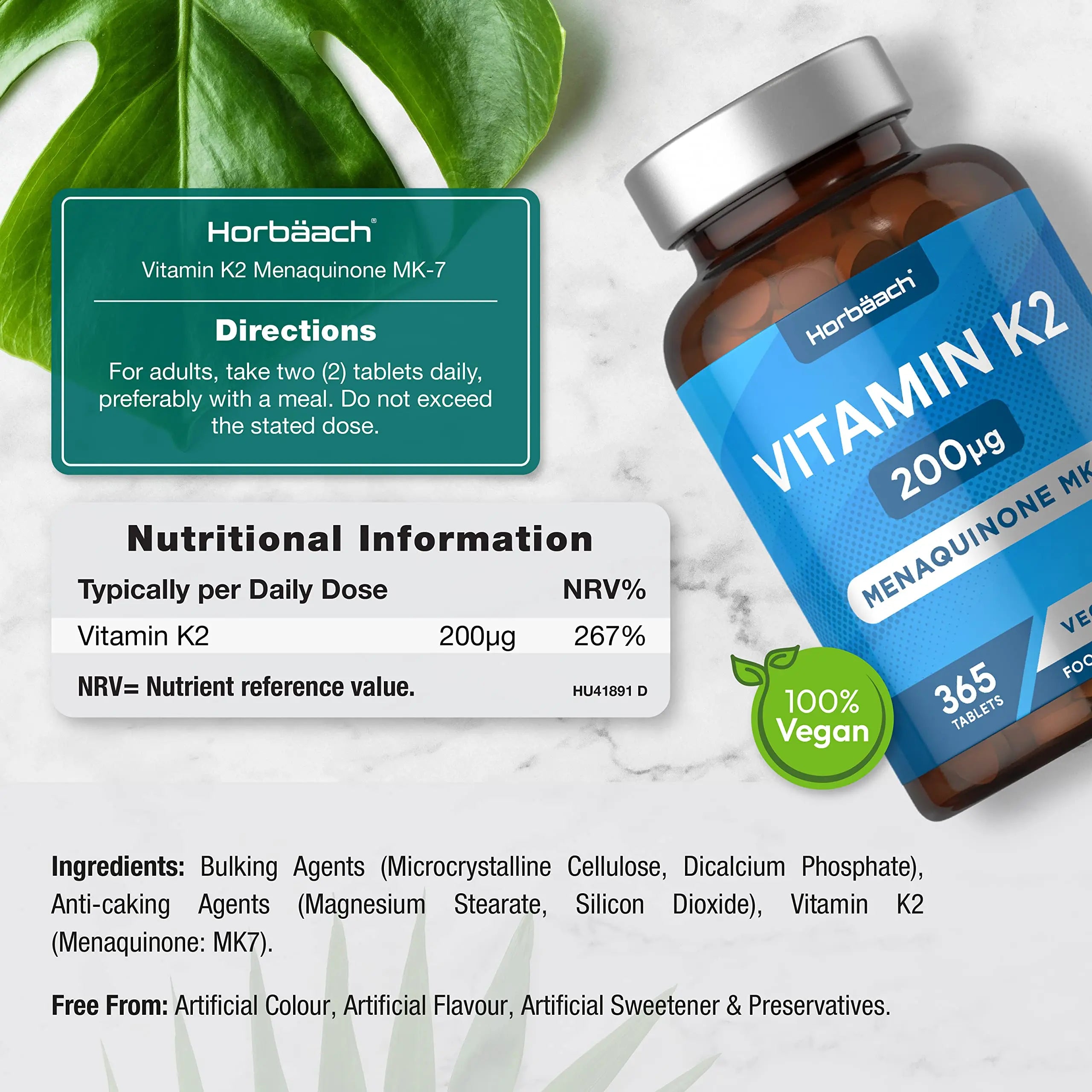 Vitamin K2 MK7 200ug | 365 Vegan Tablets | High Strength Menaquinone MK-7 Horbäach Au supplements
