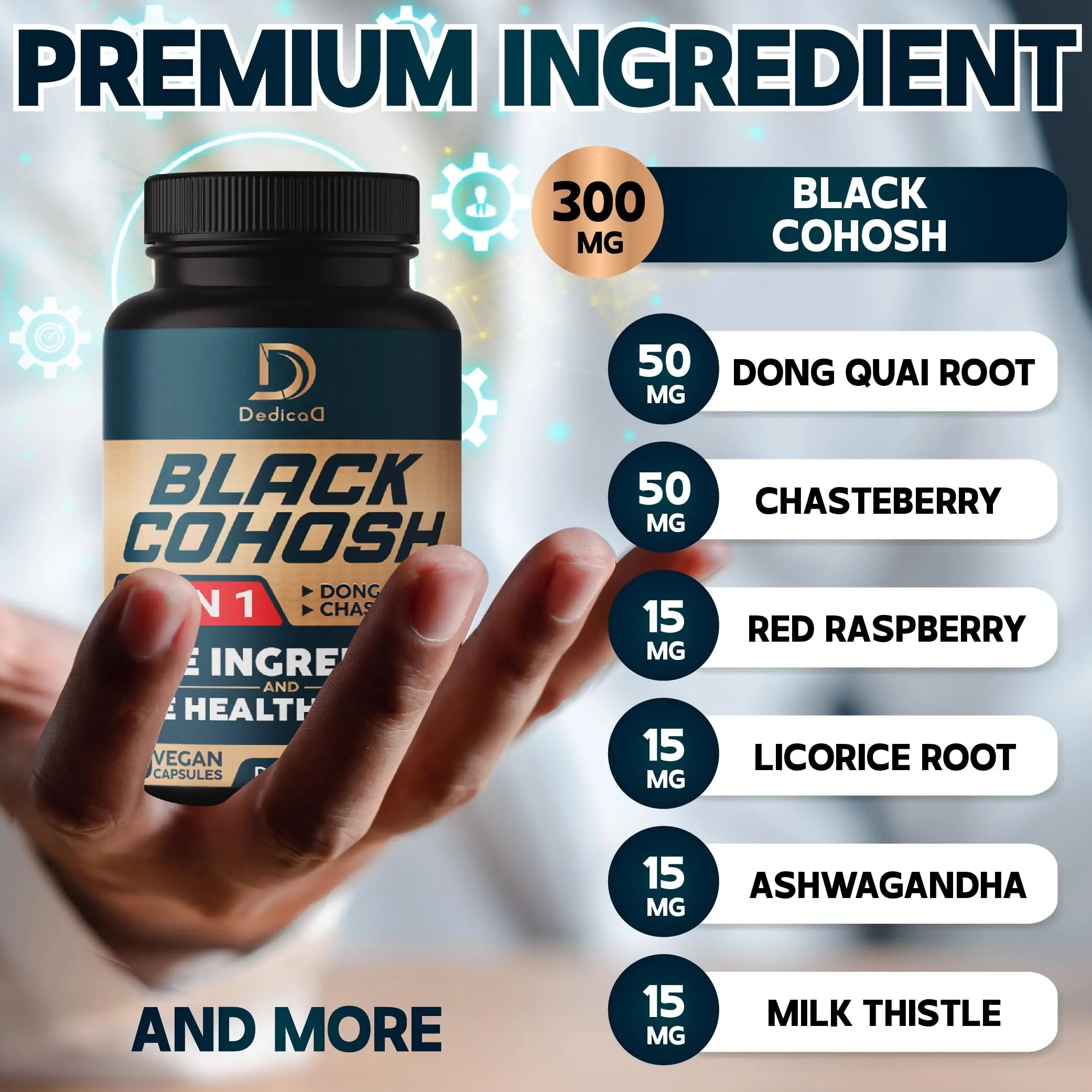 DEDICAD Black Cohosh Supplement - 3 Months for Menopause & Immune Health - Blend of 12 Potent Herb Includes Dong Quai, Chasteberry, Wild Yam, Red Clover, Black Pepper & Others - 90 Vegan Capsules DEDICAD Au supplements