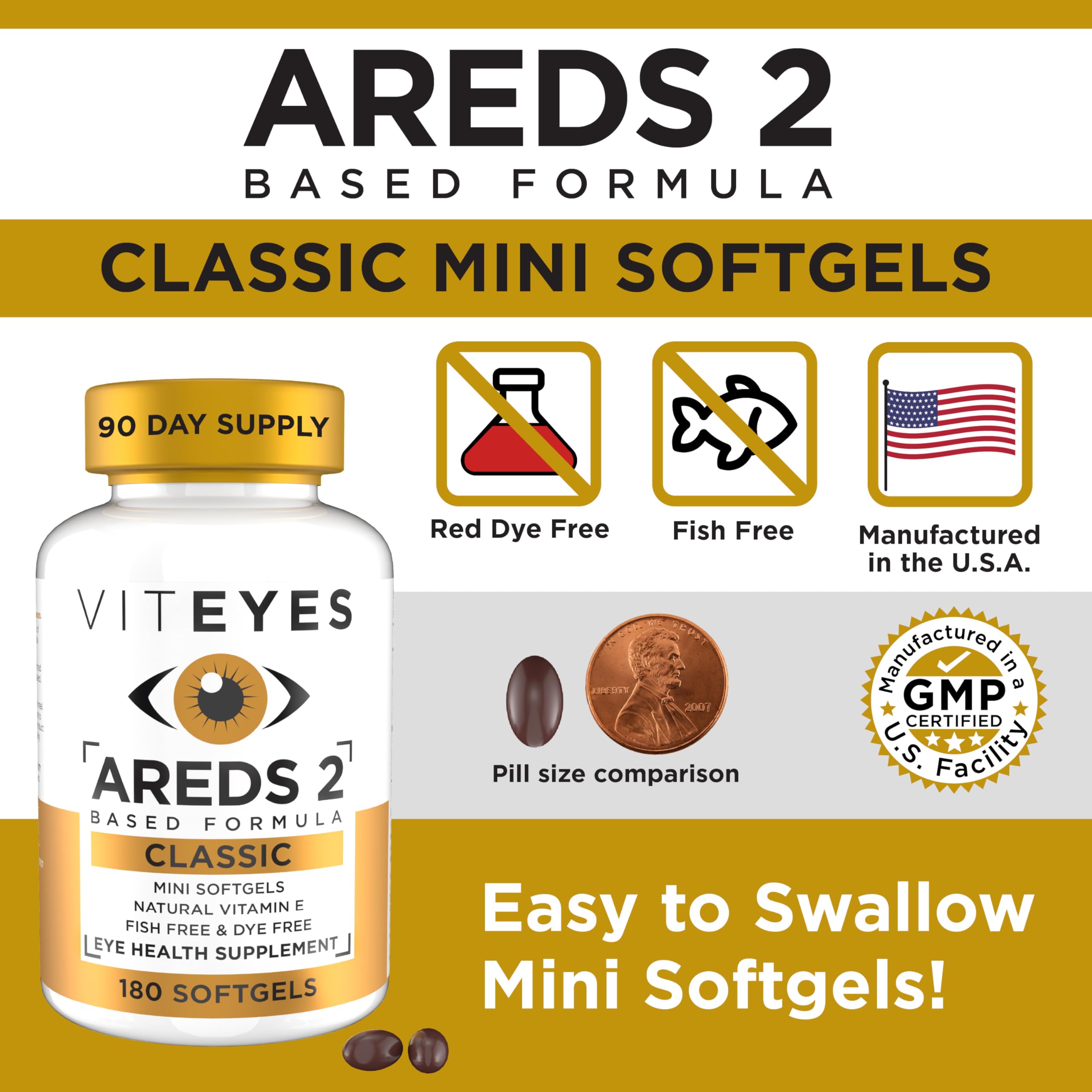 Viteyes AREDS 2 Classic Macular Health Formula Softgels, Eye Health Vitamin to Support Macular Health, Lower Zinc, Eye Vitamins, Macular Vitamins, Beta-Carotene Free, 180 Softgels Viteyes Au supplements