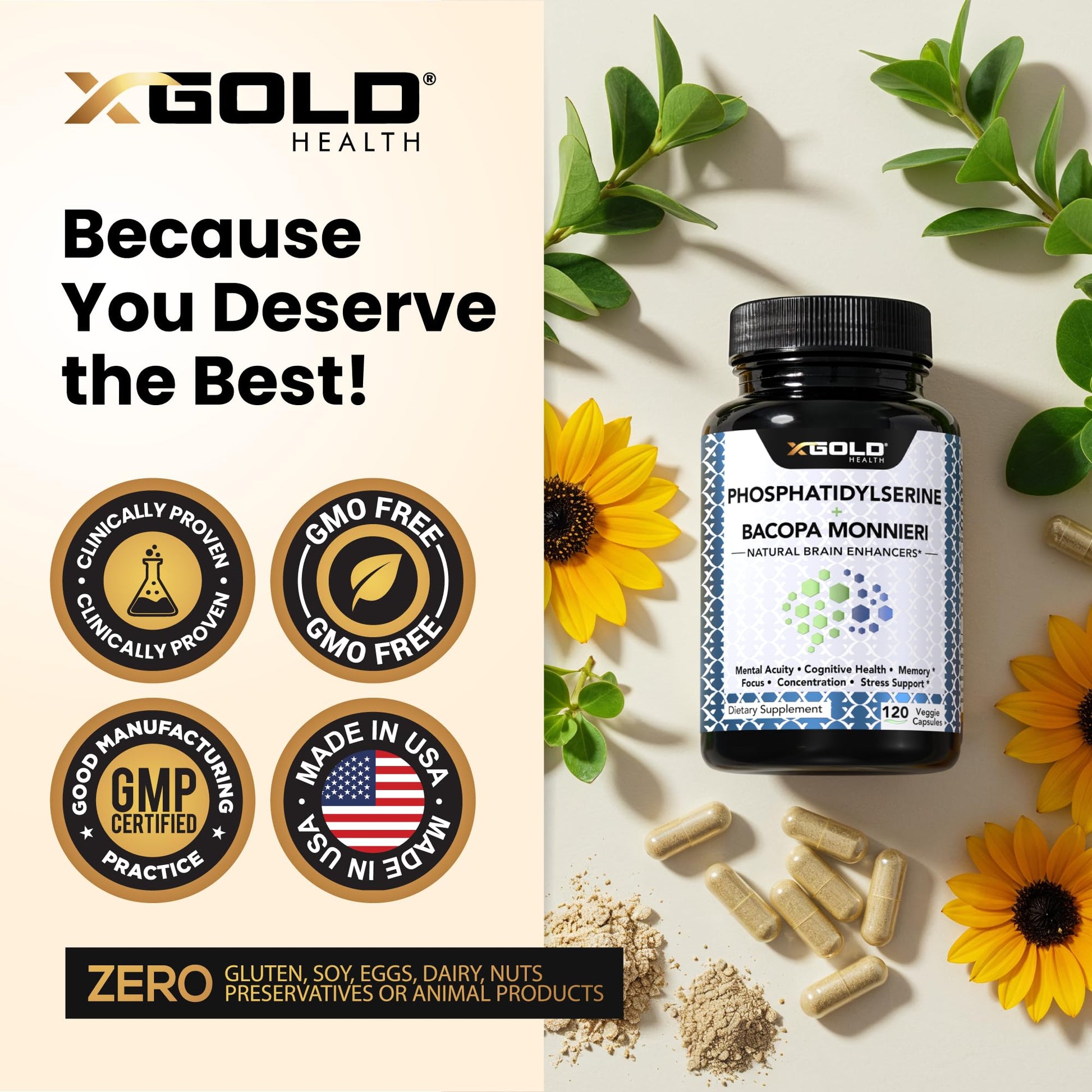 PhosphatidylSerine & Bacopa Monnieri 800 mg 2 in 1 Supplement - Natural Brain Enhancer/Nootropic for Enhanced Focus and Concentration, Memory Support, & Cognitive Function - 120 Vegetarian Capsules X Gold Health Au supplements