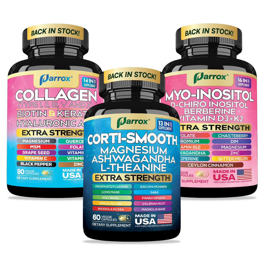 Parrox She Shines Set - Collagen Peptides Types I, II, III, V, X, Biotin, Keratin, Myo Inositol & D-Chiro Inositol, Berberine, Cortisol Support, Magnesium, Ashwagandha, L-Theanine, Lions Mane Parrox Au supplements