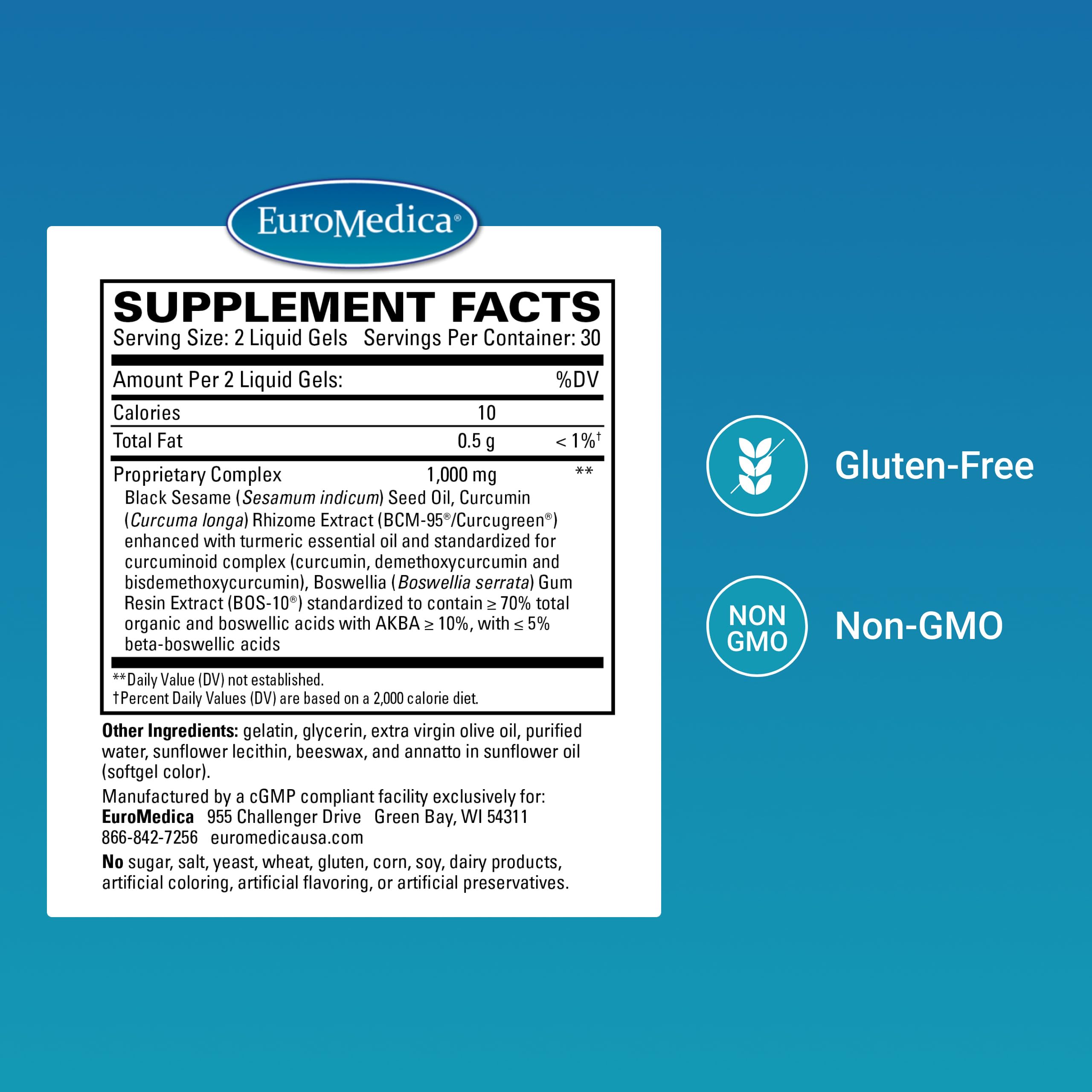 EuroMedica Acute Pain Relief - Dietary Supplement with BCM-95 Curcumin & BOS-10 Boswellia - Black Sesame Seed Oil Supplement to Support Relief of Occasional Discomfort - 60 Liquid Gels EuroMedica Au supplements