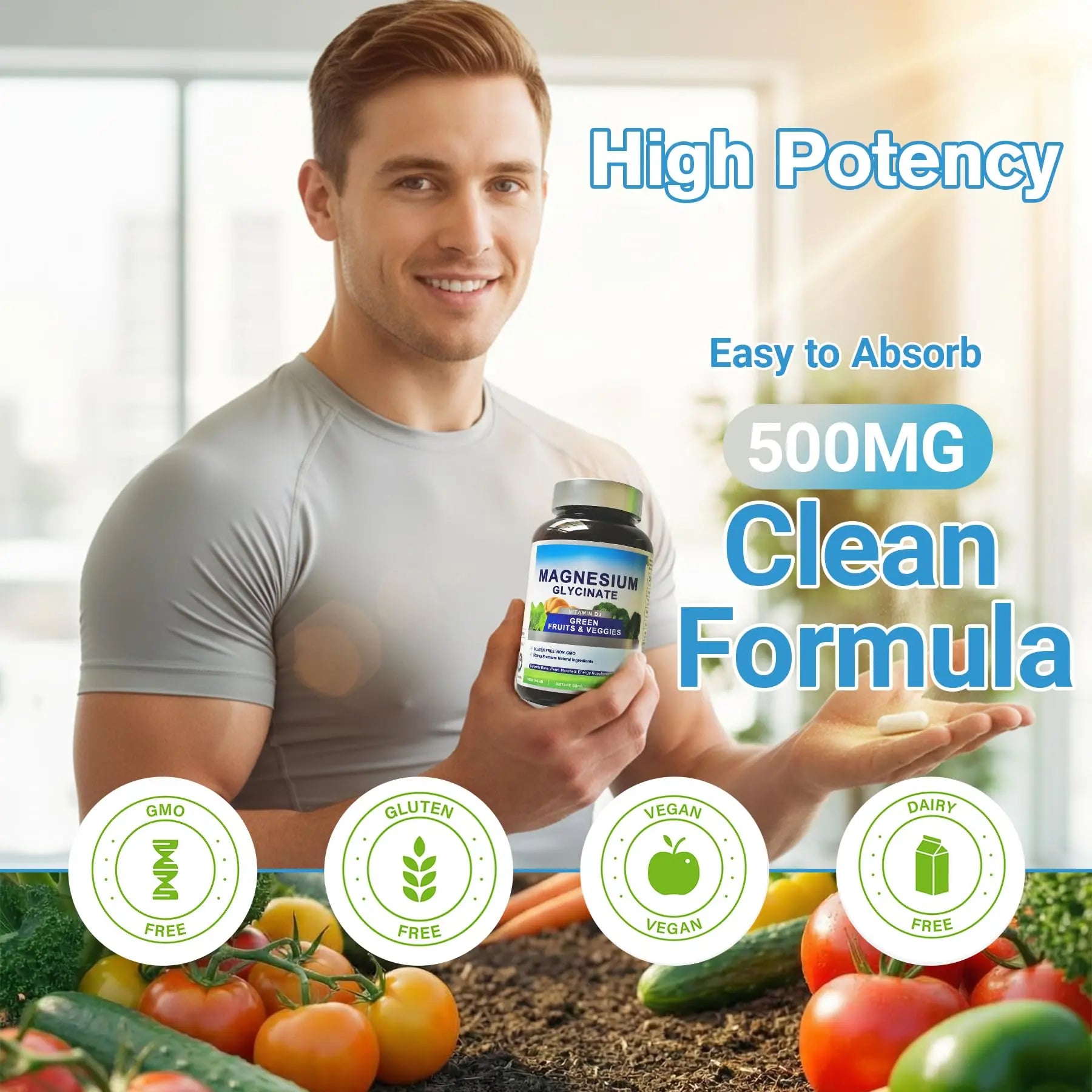 Magnesium Glycinate 500mg with Vitamin D3 – High Absorption Magnesium Supplement with Veggies Design – Supports Bone & Muscle Function and Energy – Non-GMO, Gluten-Free – 120 Veg Capsules FrexNutri Au supplements