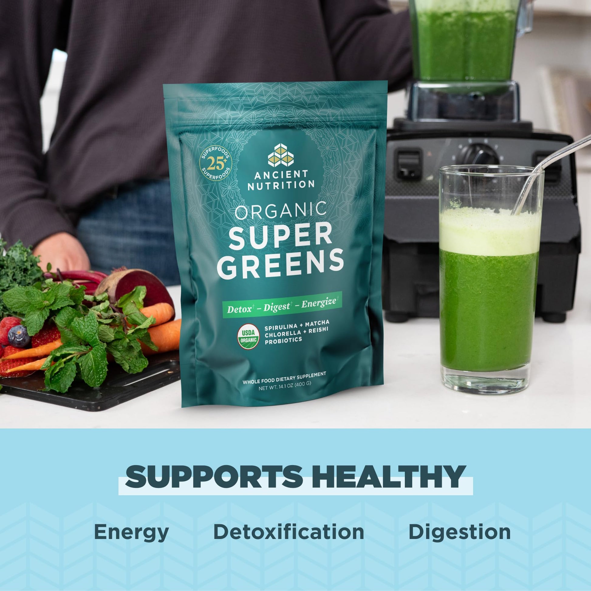 Ancient Nutrition Super Greens Powder, Organic Superfood Powder with Probiotics Made with Spirulina, Chlorella, Matcha, and Digestive Enzymes, 50 Servings, 14.1 oz Ancient Nutrition Au supplements