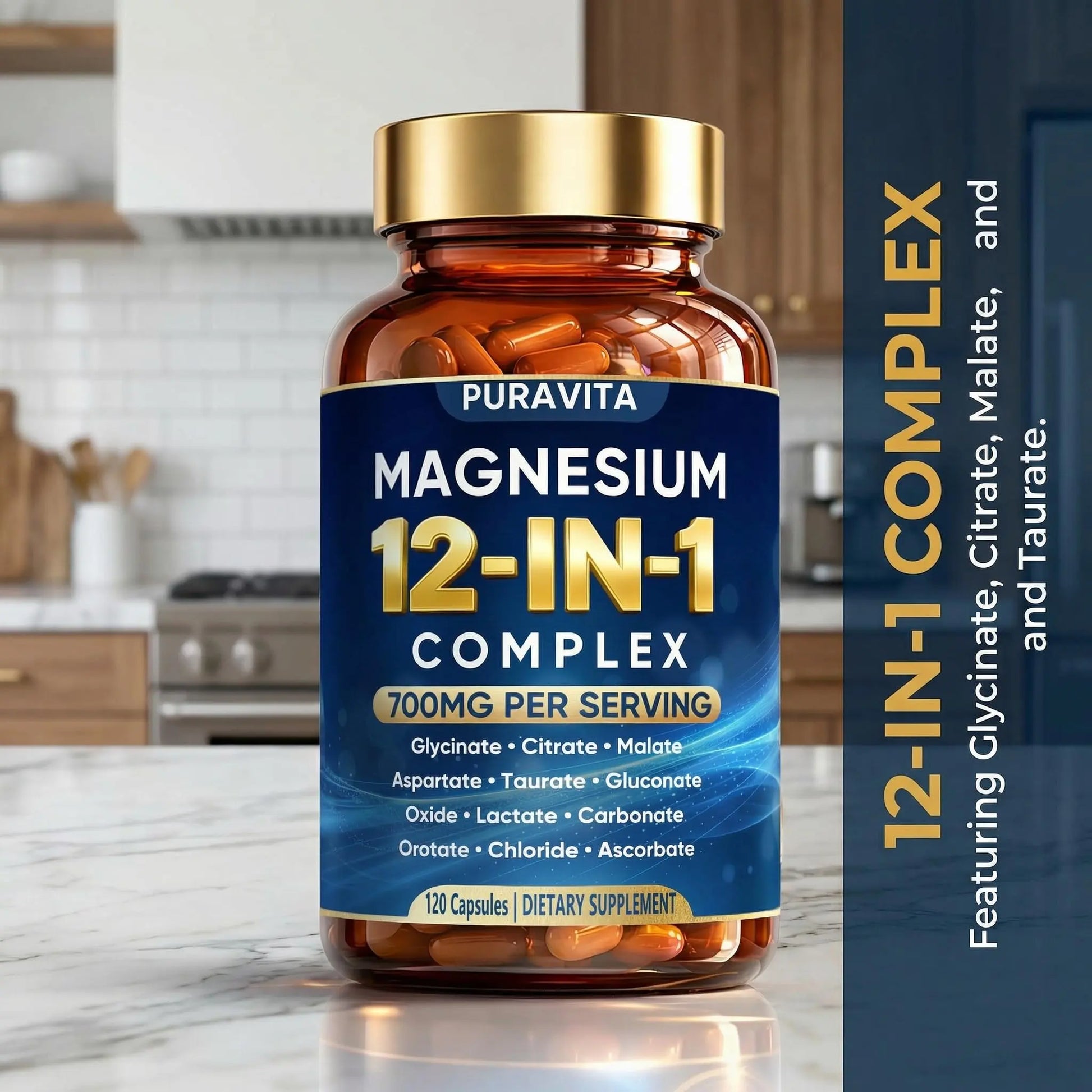Puravita 12 in 1 Magnesium Complex Capsules - 700mg High Absorption Blend with Glycinate, Citrate, Malate, Oxide & Taurate. Supports Muscle Function, Nerve Health & Relaxation - 120 Capsules (1) PURAVITA Au supplements