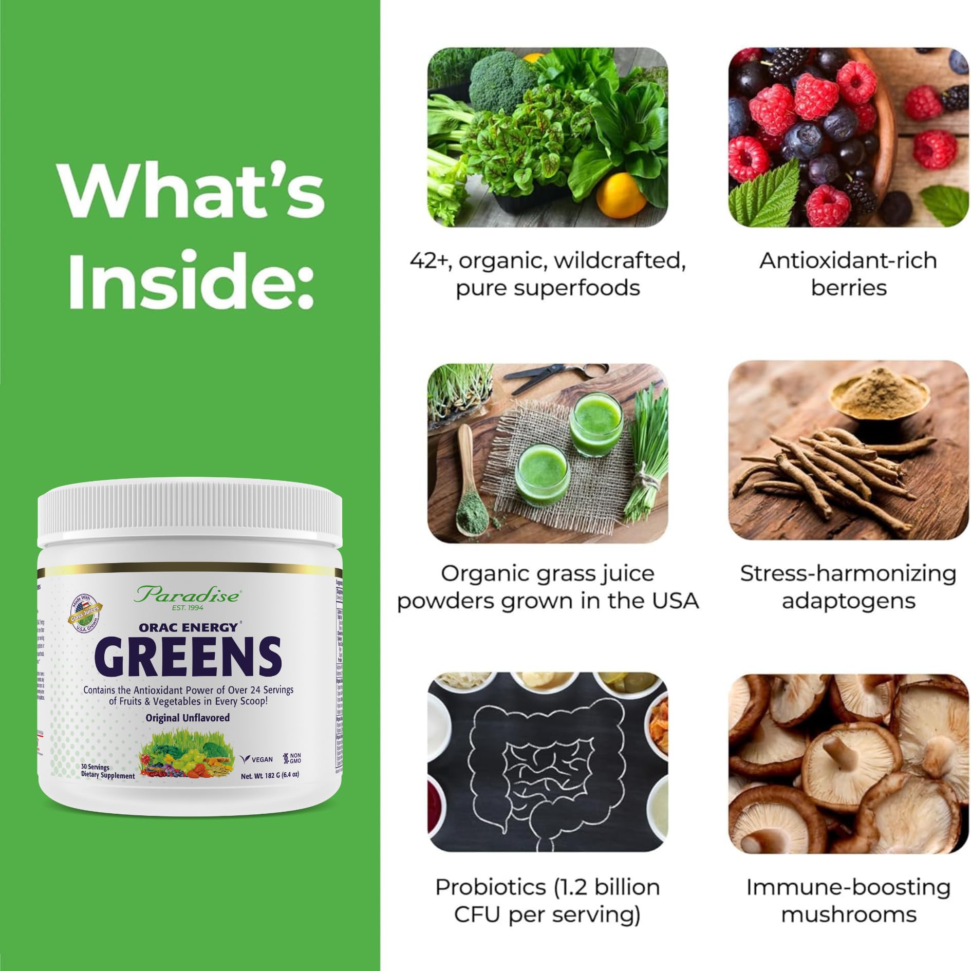 Paradise, ORAC Energy Greens Powder Extract, Super Antioxidants, Probiotics for Gut Health & Digestion, Vitamin C for Immunity, with Spirulina & Chlorella, Non-GMO, Gluten Free, 30 Servings Paradise Herbs Au supplements