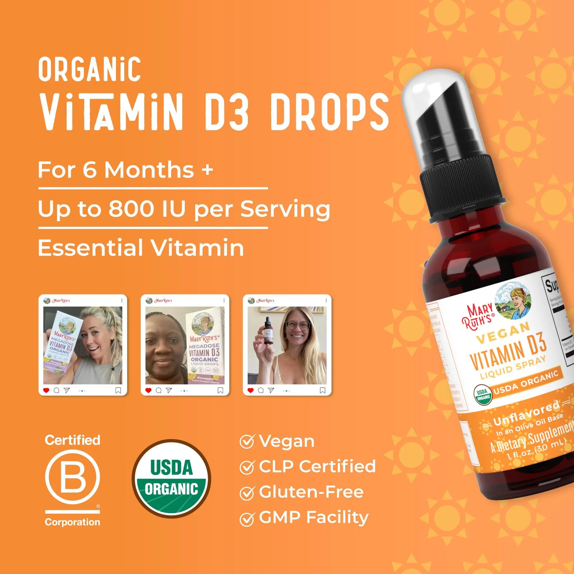 MaryRuth Organics Vitamin D USDA Organic | VIT D3 Liquid | Sugar Free | Liquid VIT D Spray Immune Support for Adults & Kids | Bone Health| Vegan | Gluten Free | Non-GMO | 30 Servings MARYRUTH'S Au supplements