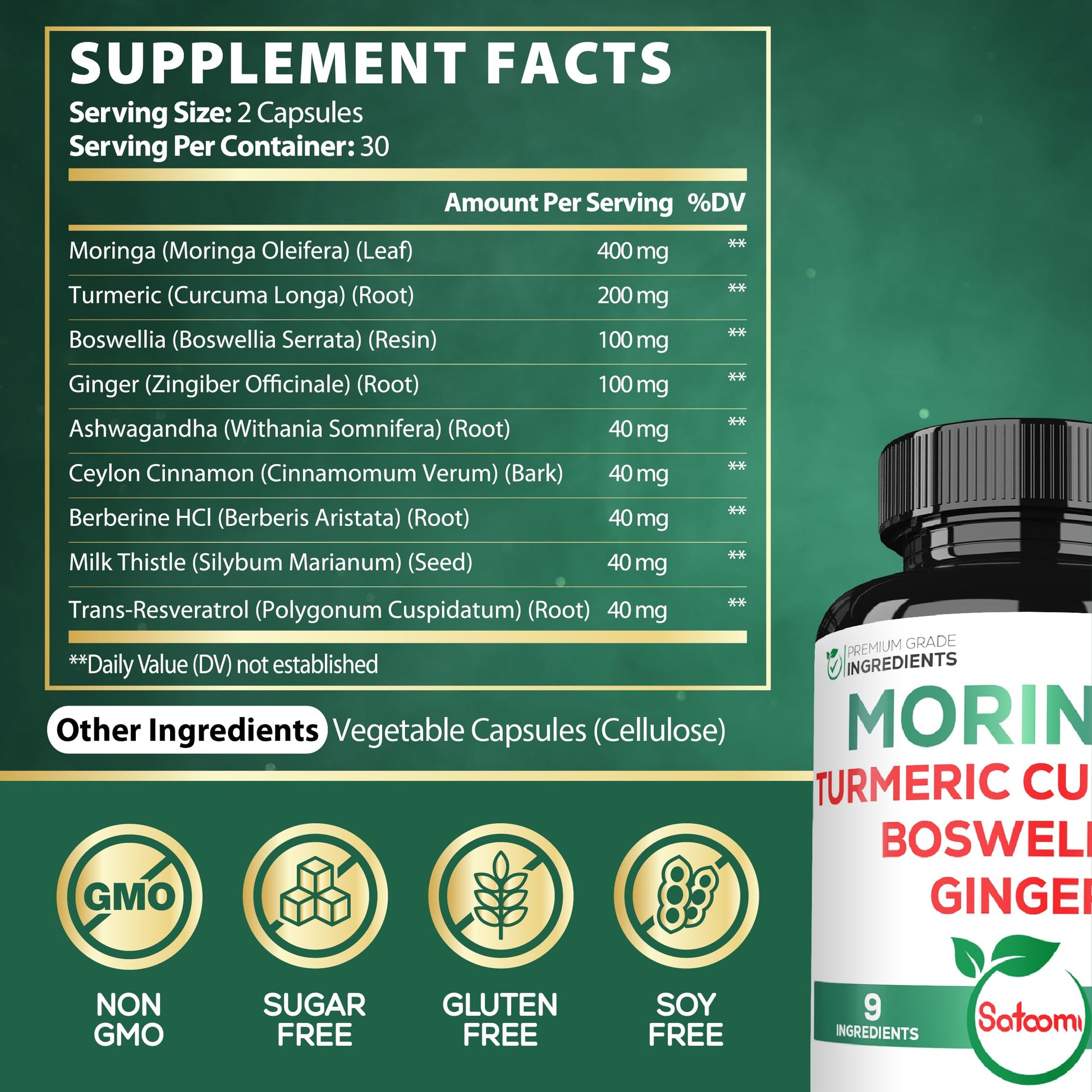 Satoomi 9in1 Moringa Capsules - Featuring Moringa, Turmeric, Boswellia, Ginger, Ashwagandha, Ceylon Cinnamon and Milk Thistle, and Resveratrol | Support Mood, Heart & Overall Health - 60 Count Satoomi Au supplements