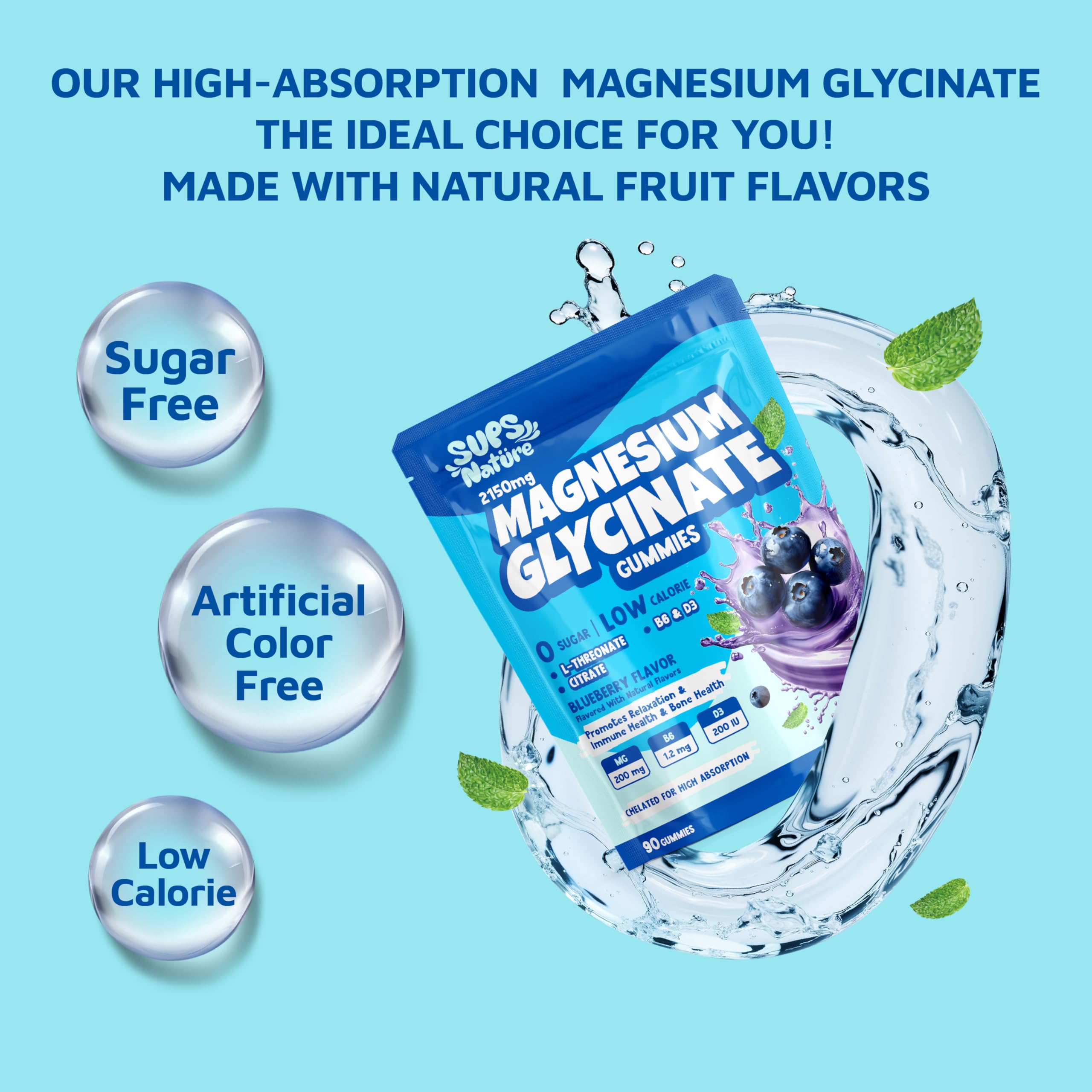 Magnesium Glycinate Gummies 2150 mg with Magnesium L-Threonate for Adults, Melatonin Free, High Absorption, Blueberry Flavor, 90 Count sups nature Au supplements