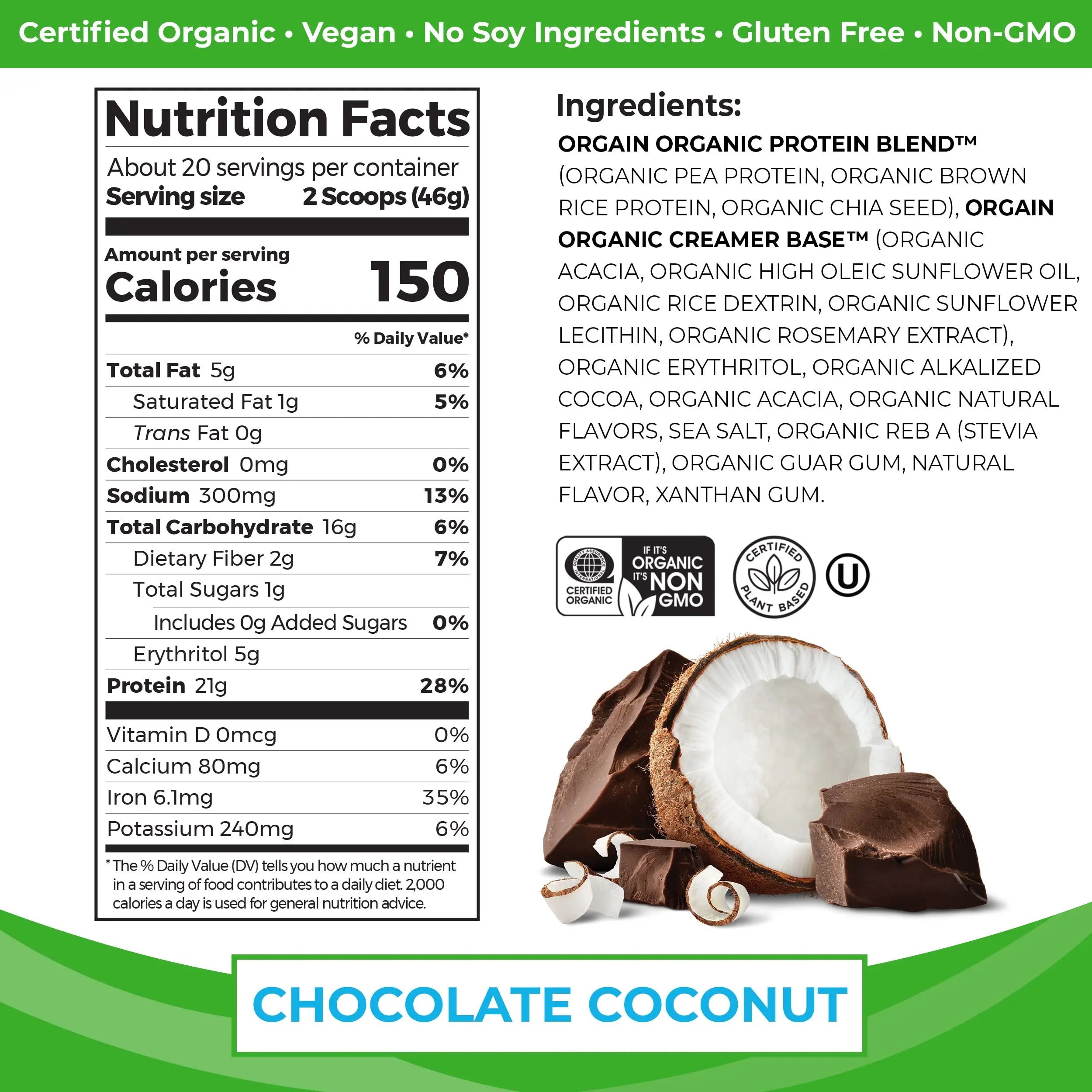 Orgain Organic Vegan Protein Powder, Chocolate Coconut - 21g of Plant Based Protein Orgain Au supplements