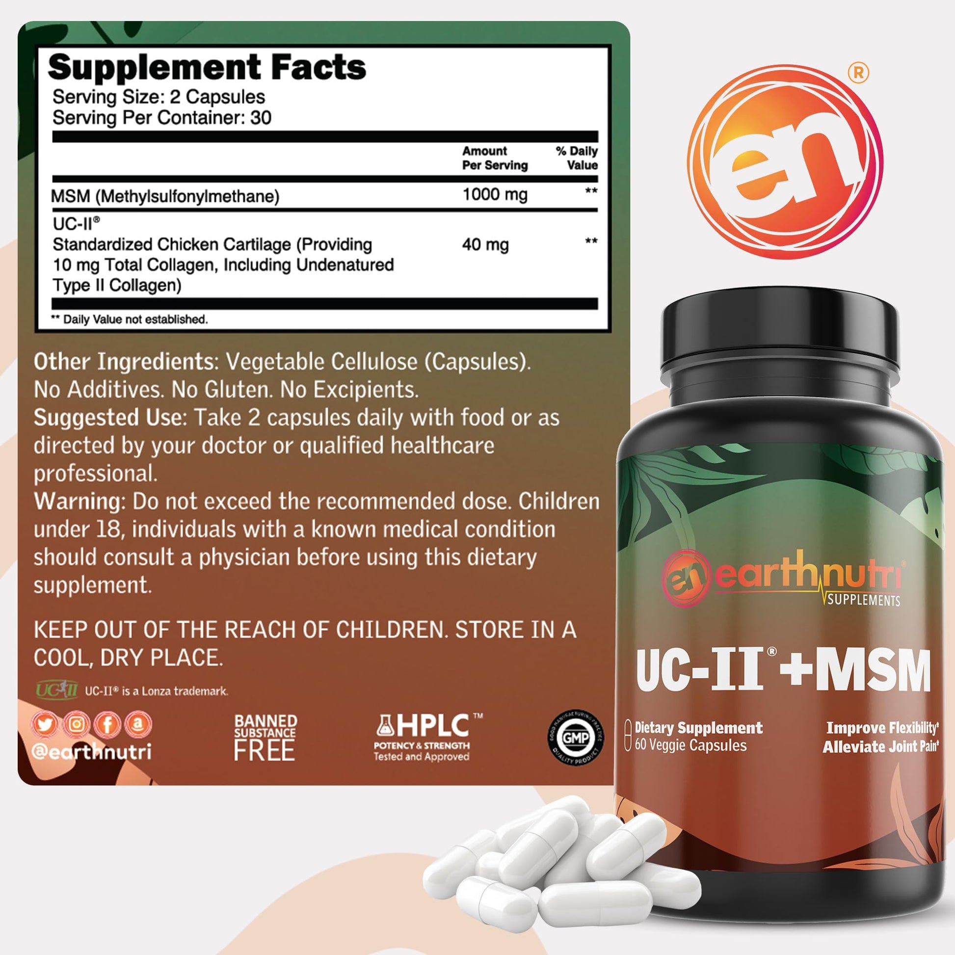 EarthNutri UC-II Collagen & MSM Supplement for Bone Health and Joint Flexibility Joint Supplement - 40mg UC-II Providing 10mg Total Collagen & 1000mg MSM - 60 Capsules (2 Caps Daily) EarthNutri Au supplements