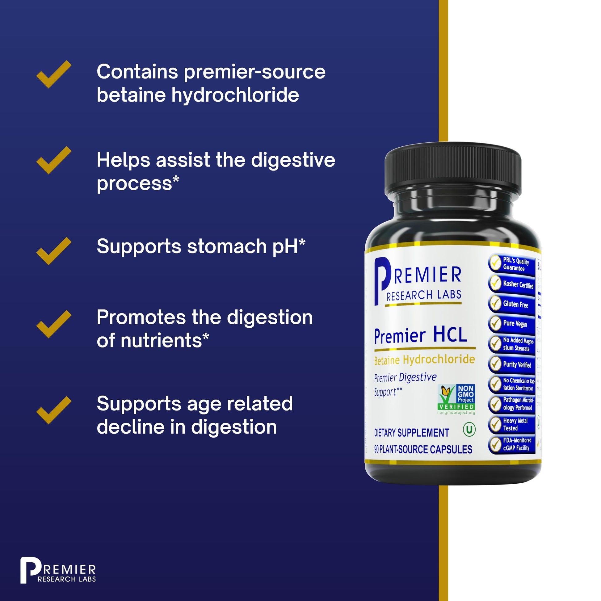 Premier Research Labs Premier HCL - Betaine HCL, Betaine Hydrochloride Supplement for Optimal Digestive Function, Nutrient Absorption, Betaine-HCL for Low Stomach Acid- 90 Vegetarian Capsules Premier Research Labs Au supplements