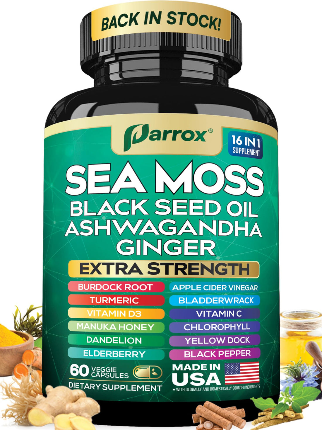 Parrox Sea Moss, Black Seed Oil, Ashwagandha, Turmeric, Chlorophyll, Dandelion, Ginger, Vitamin D3, Black Pepper, Elderberry, ACV, Yellow Dock, Burdock Root, Manuka, Vitamin C, Bladderwrack (60 Caps) Parrox Au supplements