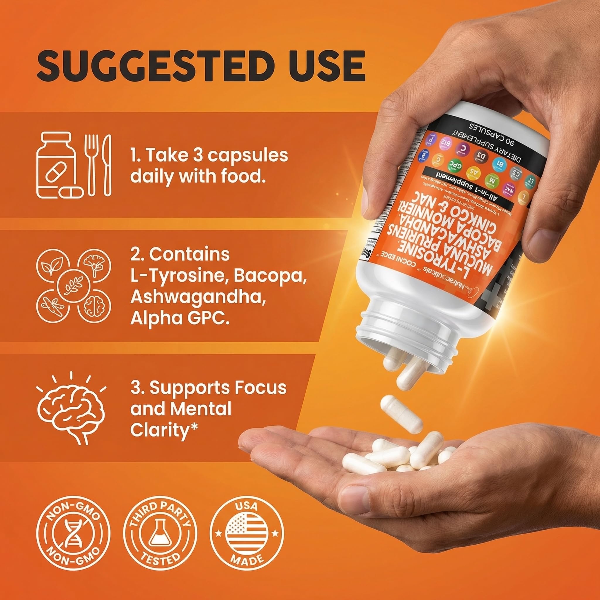 Clean Nutraceuticals L Tyrosine Mucuna Pruriens Bacopa Monnieri Ashwagandha Focus Supplement w/N-Acetyl Cysteine NAC 5-HTP Ginkgo Biloba Alpha GPC Vitamin C D B1 B12 Clean Nutraceuticals Au supplements