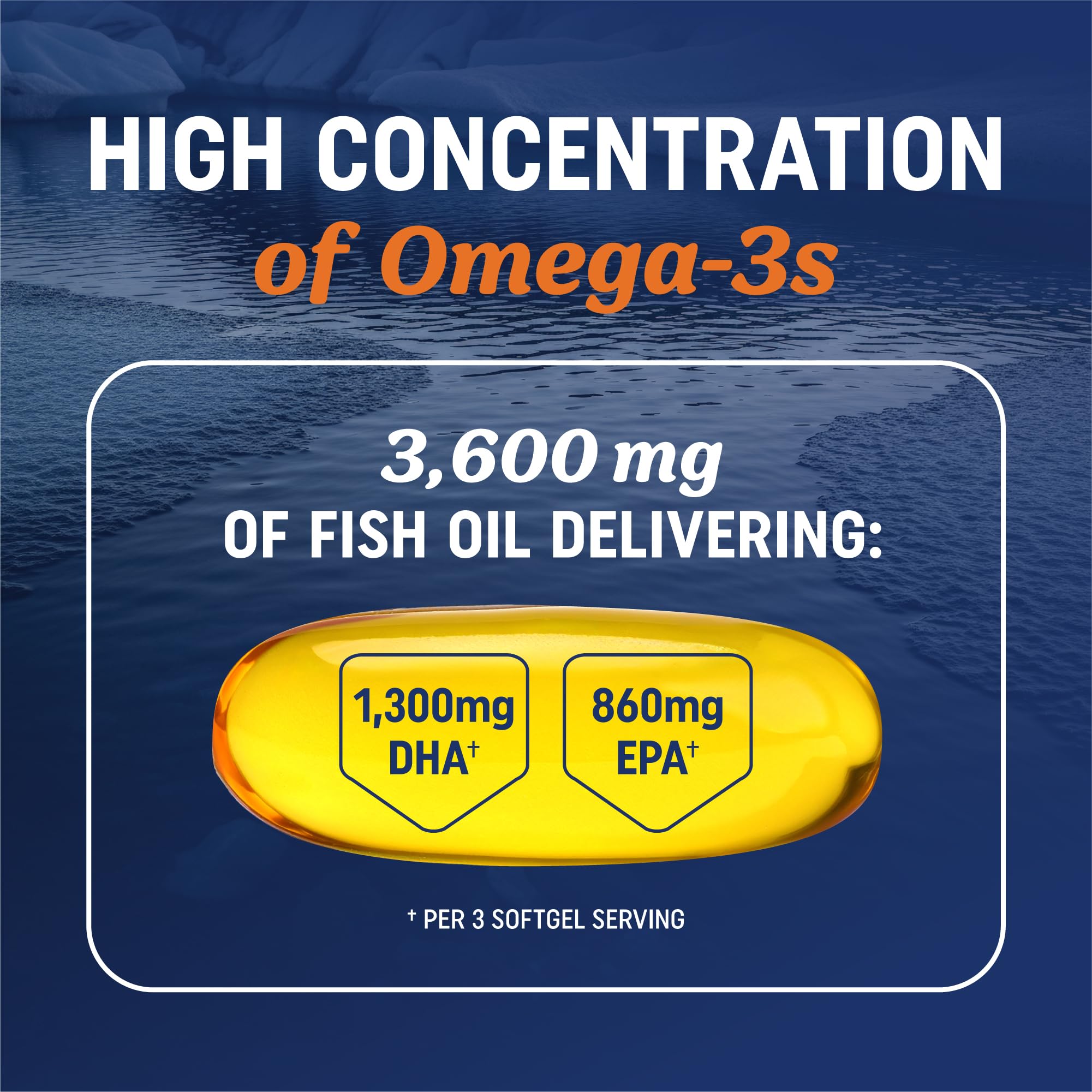 Triple Strength DHA Omega 3 Fish Oil 3600 mg | Over 2100mg Omega-3 Fatty Acids with 860mg of DHA | 1300mg EPA | Best Essential Fatty Acids