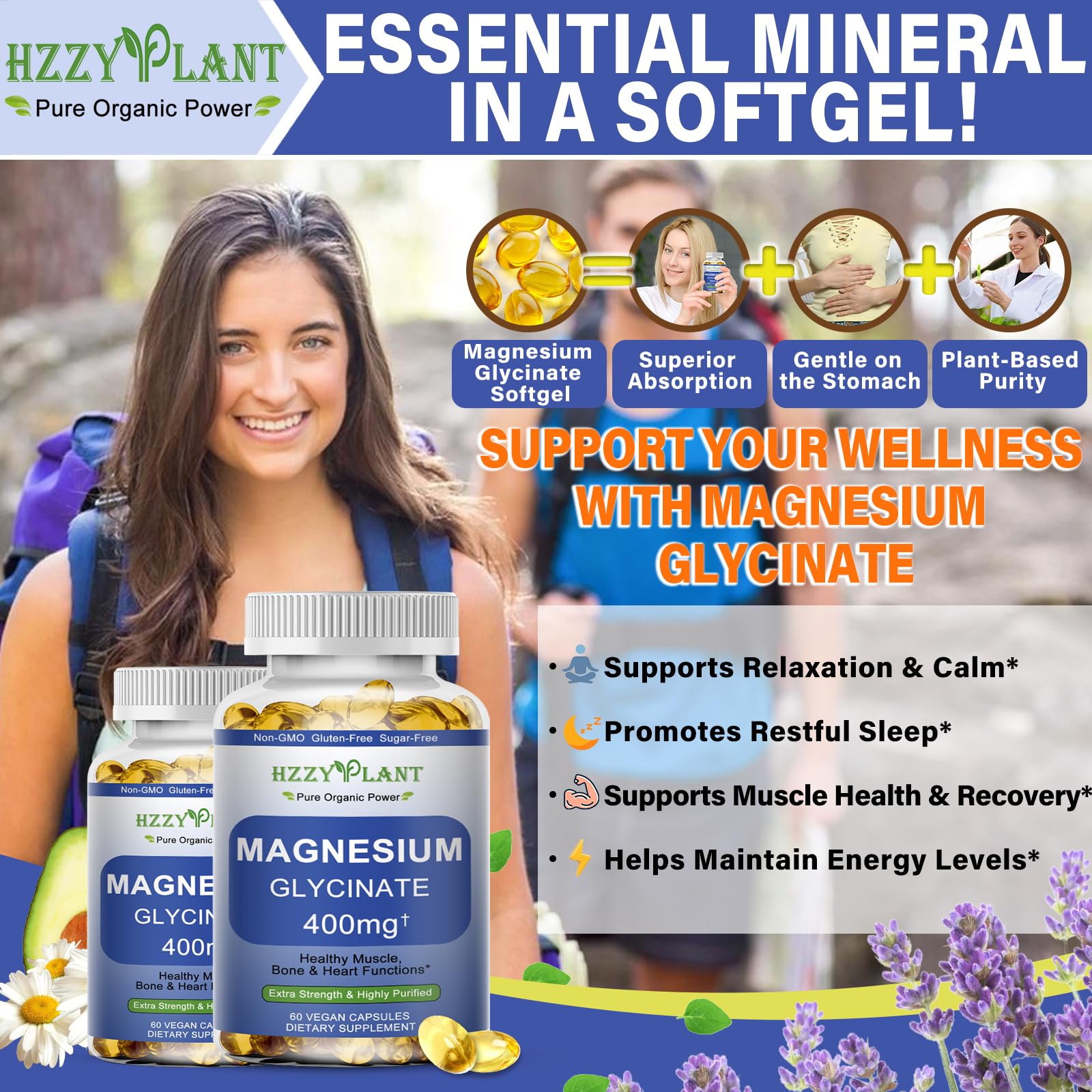 Magnesium Glycinate Softgels, High Absorption Magnesium Glycinate 400mg Supplement for Muscle, Heart, Sleep & Bone Support, Bisglycinate Softgel Capsules Supplement, Vegan, Non-GMO, 2 Month Supply HZZYPLANT Au supplements