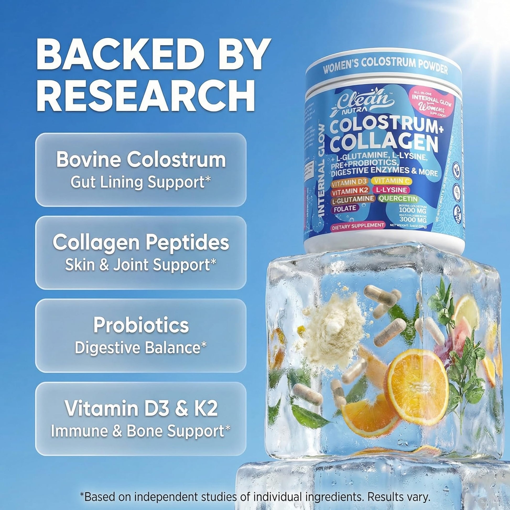 Bovine Colostrum Powder + Collagen Peptides with L-Glutamine L-Lysine Prebiotics Probiotics Digestive Enzymes Vitamin D K2 C Quercetin & Folate | Gut Health Supplement Internal Glow By Clean Nutra Clean Nutraceuticals Au supplements