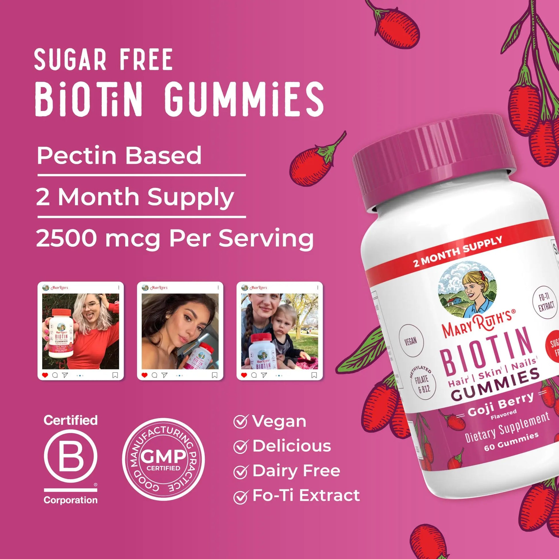 MaryRuth Organics Biotin Gummies | Sugar Free | Vegan | Non-GMO | 2,500 mcg Biotin Supplement | Hair Skin and Nails Vitamins | Hair Growth Vitamins | Hair Growth Supplement | 60 Count MARYRUTH'S Au supplements