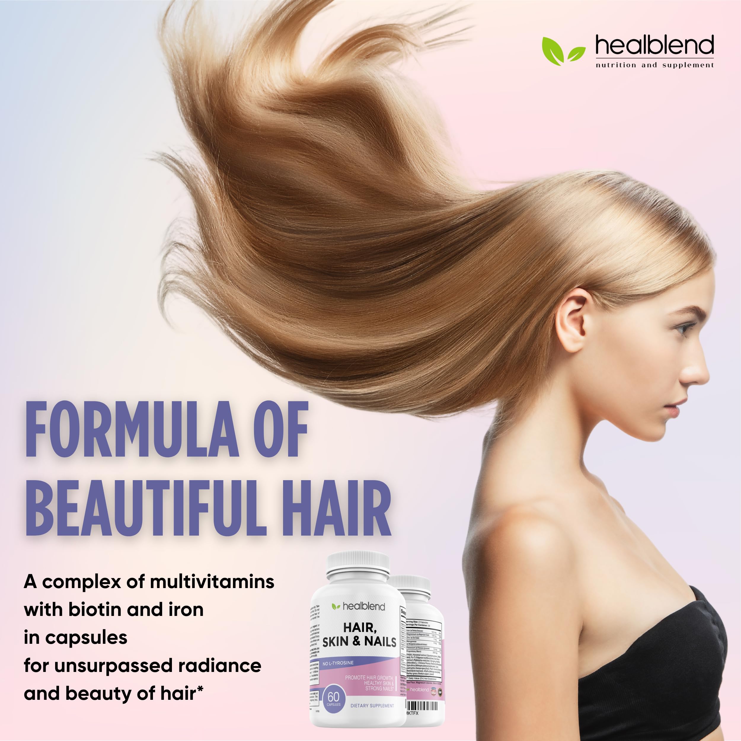 healblend Hair Skin and Nails Vitamins for Women with Biotin 5000 mcg, Iron and Manganese | Vegan, Non-GMO | 60 Capsules healblend Au supplements