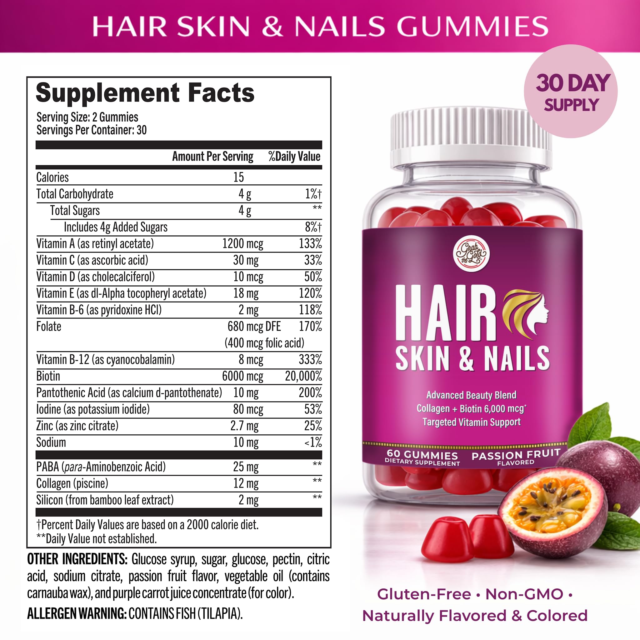 Grab The Gold Hair Skin & Nails Vitamins for Women | Gummies with 6000mcg Biotin & Collagen | 10 Essential Vitamin & Minerals | Gluten-Free, Non-GMO, Passion Fruit Flavor | 1 Month Supply, Made in USA Grab The Gold Au supplements
