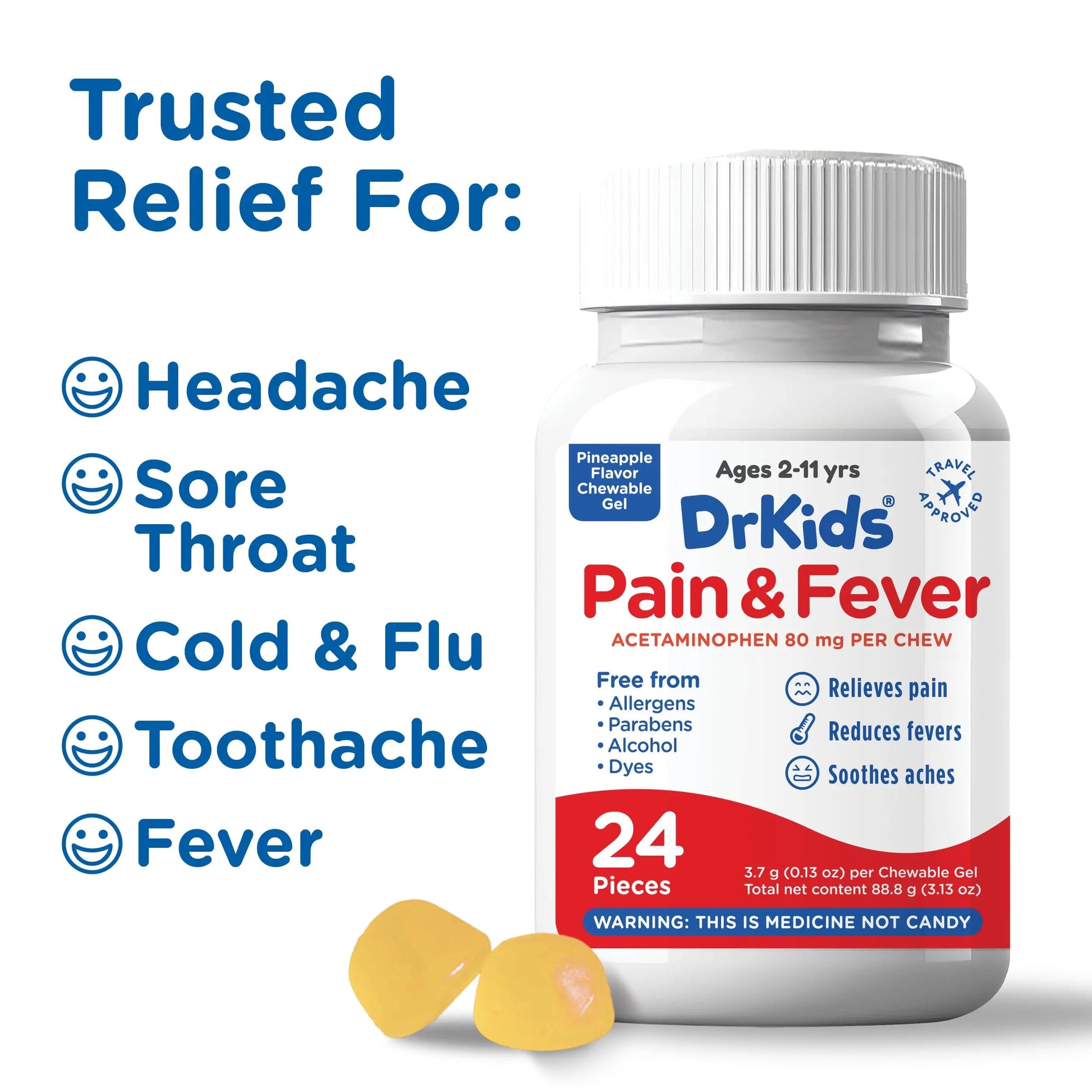 Dr. Kids Children’s Pain and Fever Chewable Gels – Pain Relief and Fever Reducer for Kids Ages 2–11, 80 mg Chewable Acetaminophen for Headache, Sore Throat, Cold & Flu, Pineapple Flavor, 24 Count Dr. Kids Au supplements